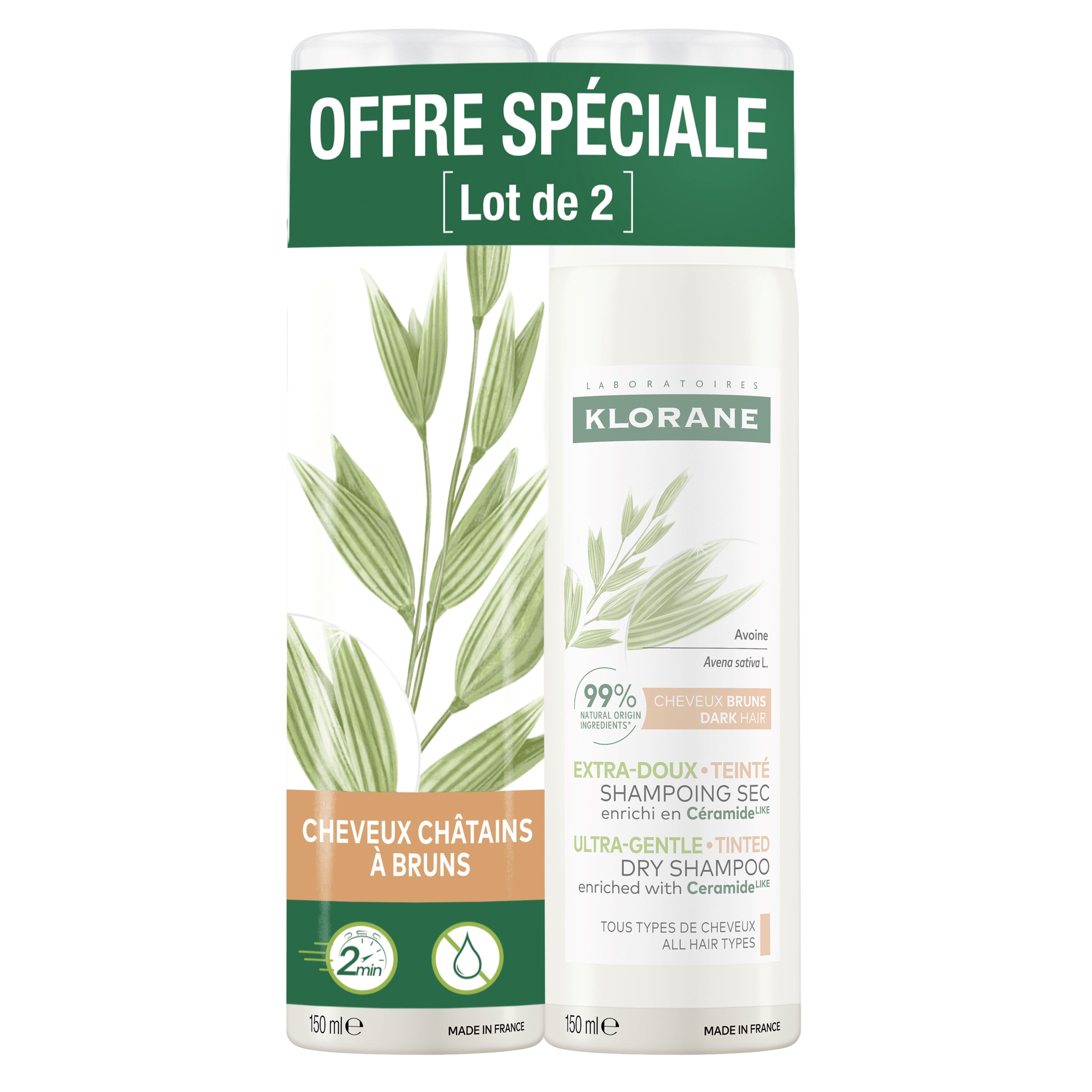 KLORANE Shampoing sec extra-doux teinté cheveux châtains à bruns 2x150ml