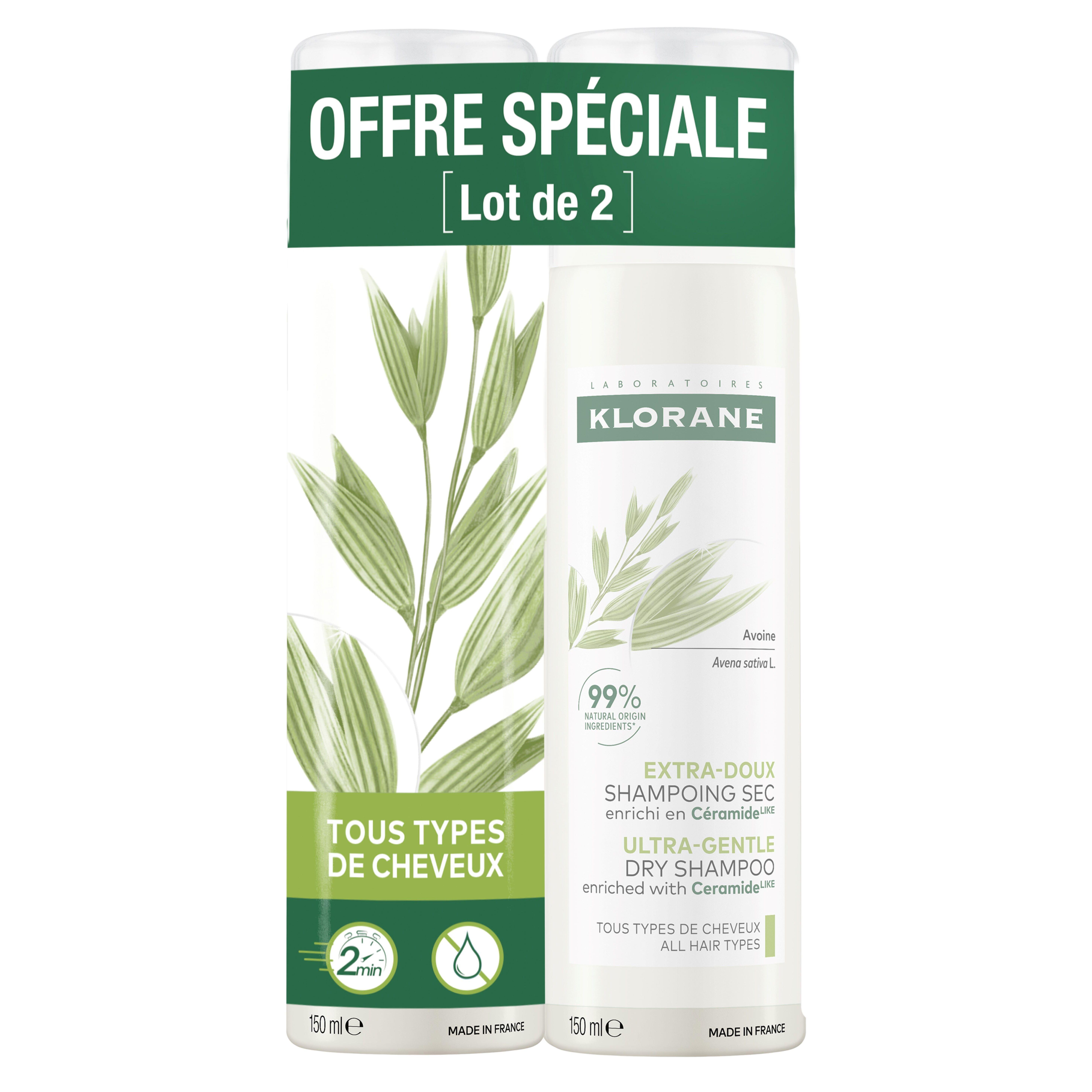 KLORANE Shampoing sec extra doux tous types de cheveux 2x150ml