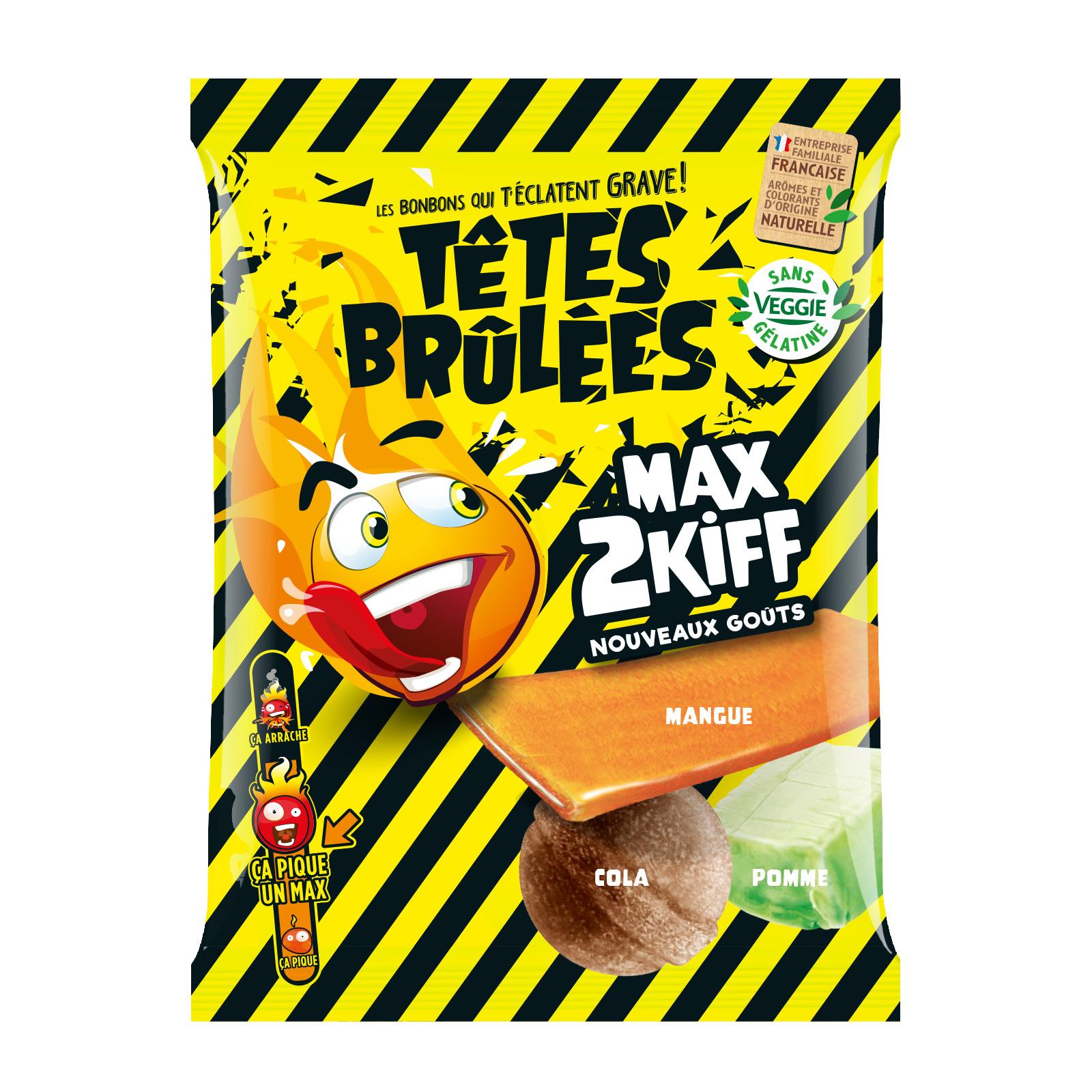Voir la diapositive 2 : TÊTES BRÛLÉES Bonbons acidulés max2kiff goût cola mangue et pomme 250g