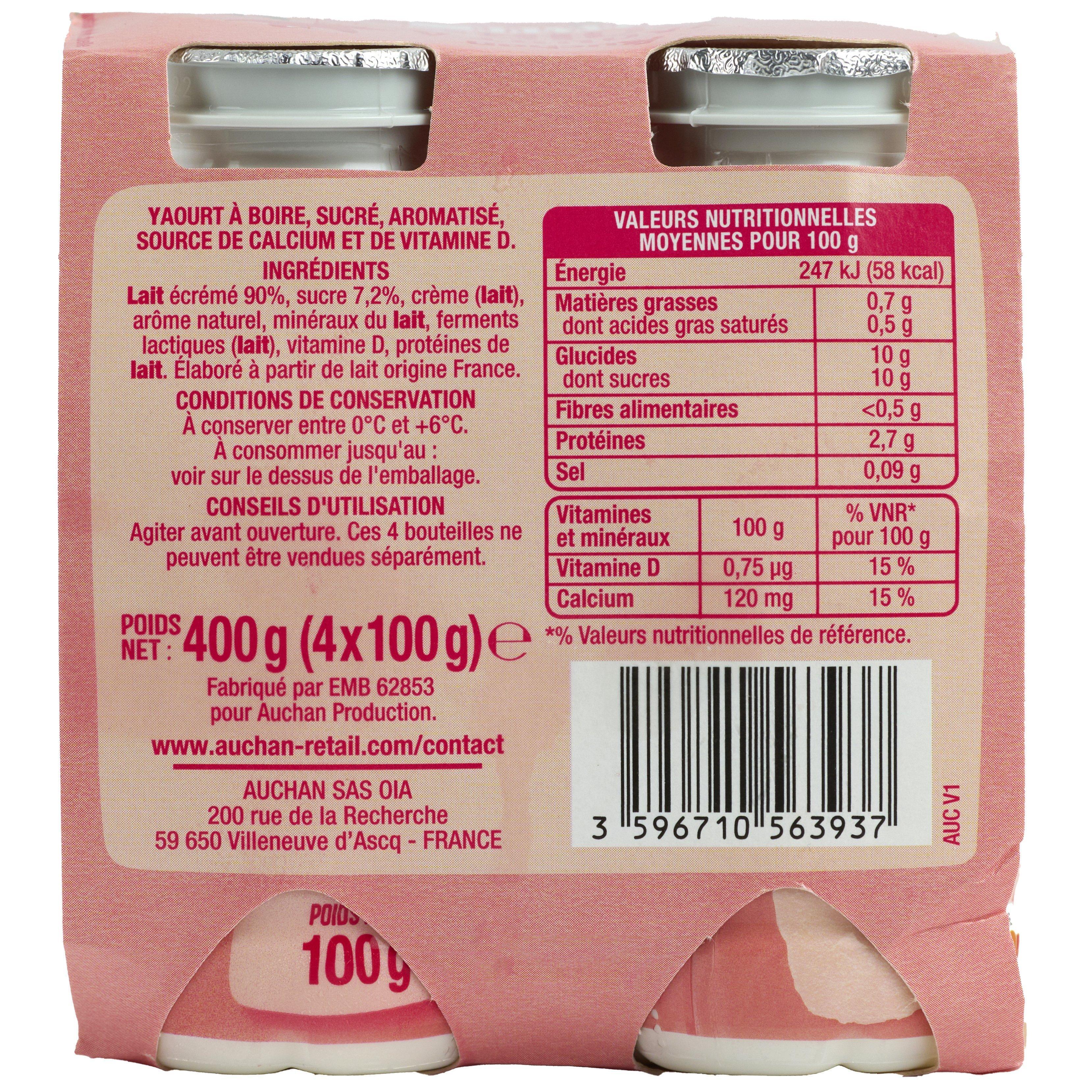 Voir la diapositive 2 : AUCHAN Yaourt à boire fraise 4x100g