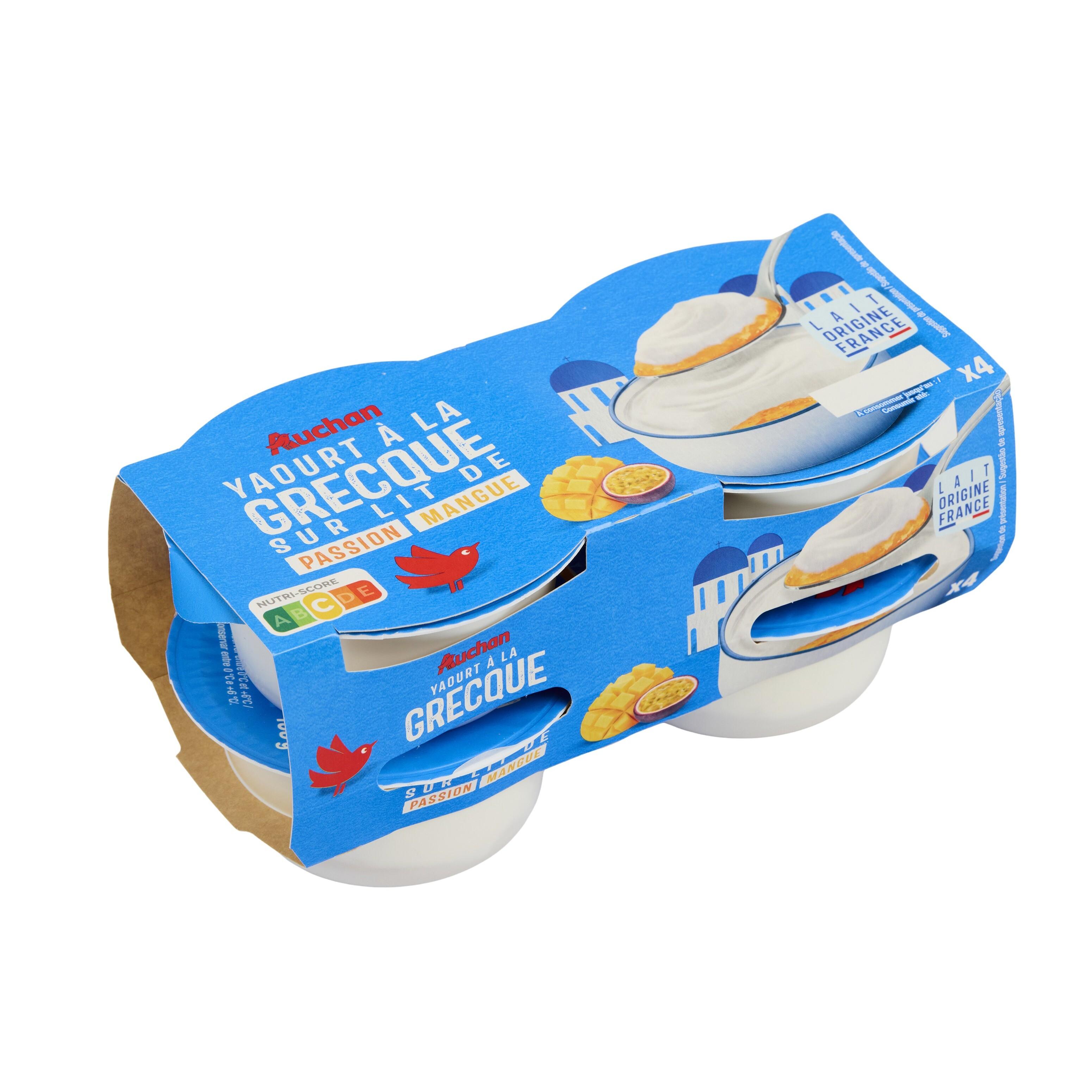 Voir la diapositive 2 : AUCHAN Yaourt à la grecque sur lit mangue passion 4x150g