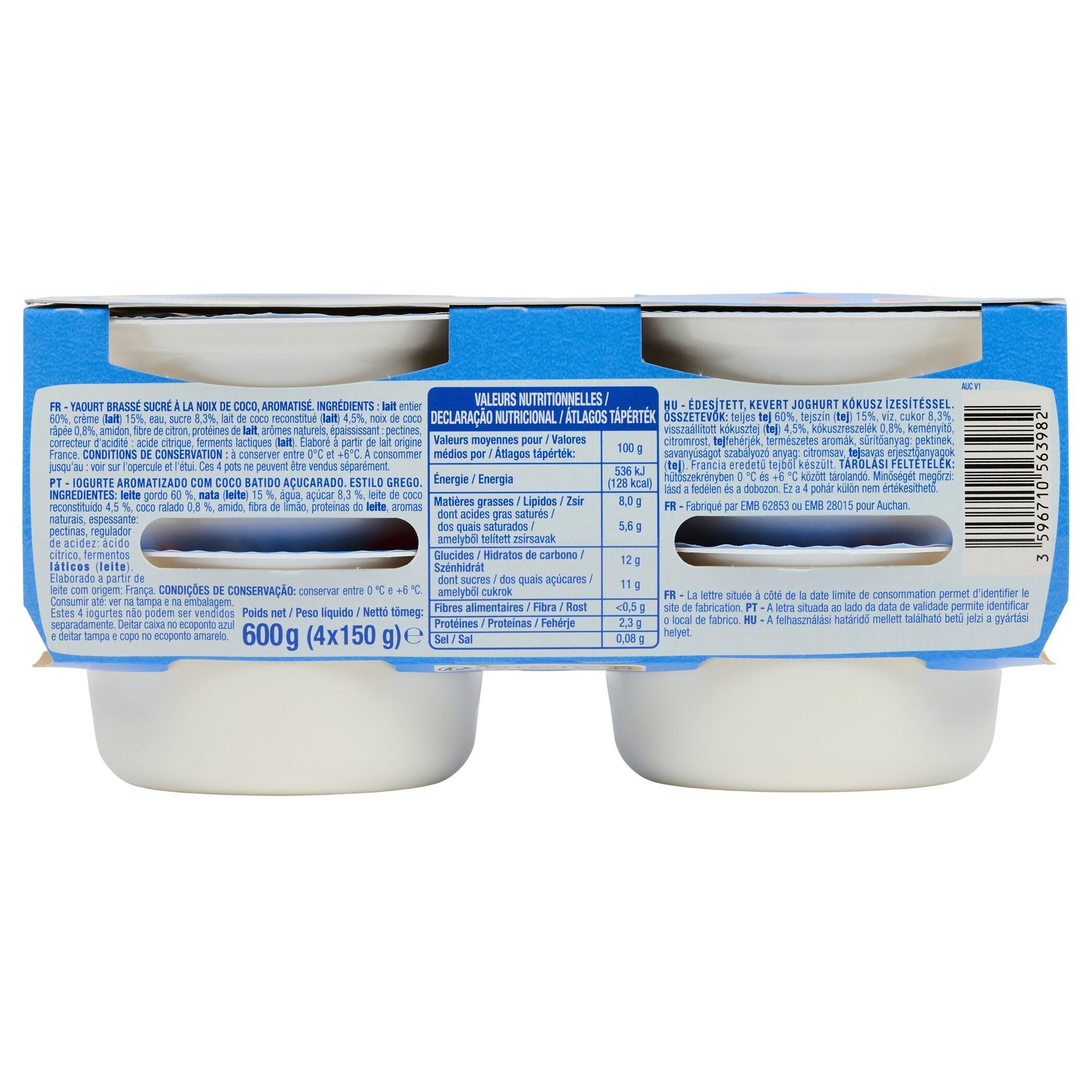 Voir la diapositive 3 : AUCHAN Yaourt à la grecque coco 4x150g