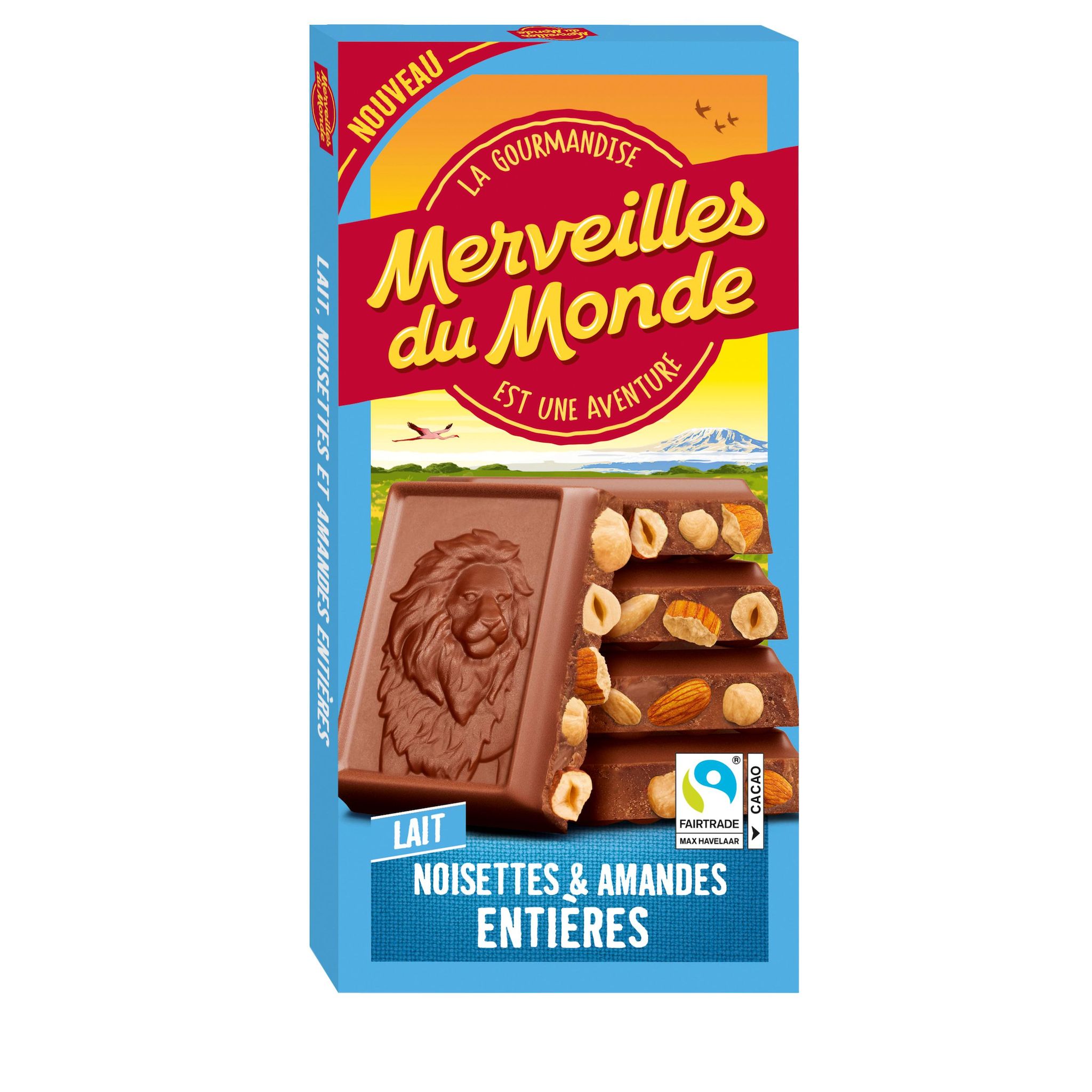 MERVEILLES DU MONDE Tablette de chocolat au lait noisettes et amandes entières 170g