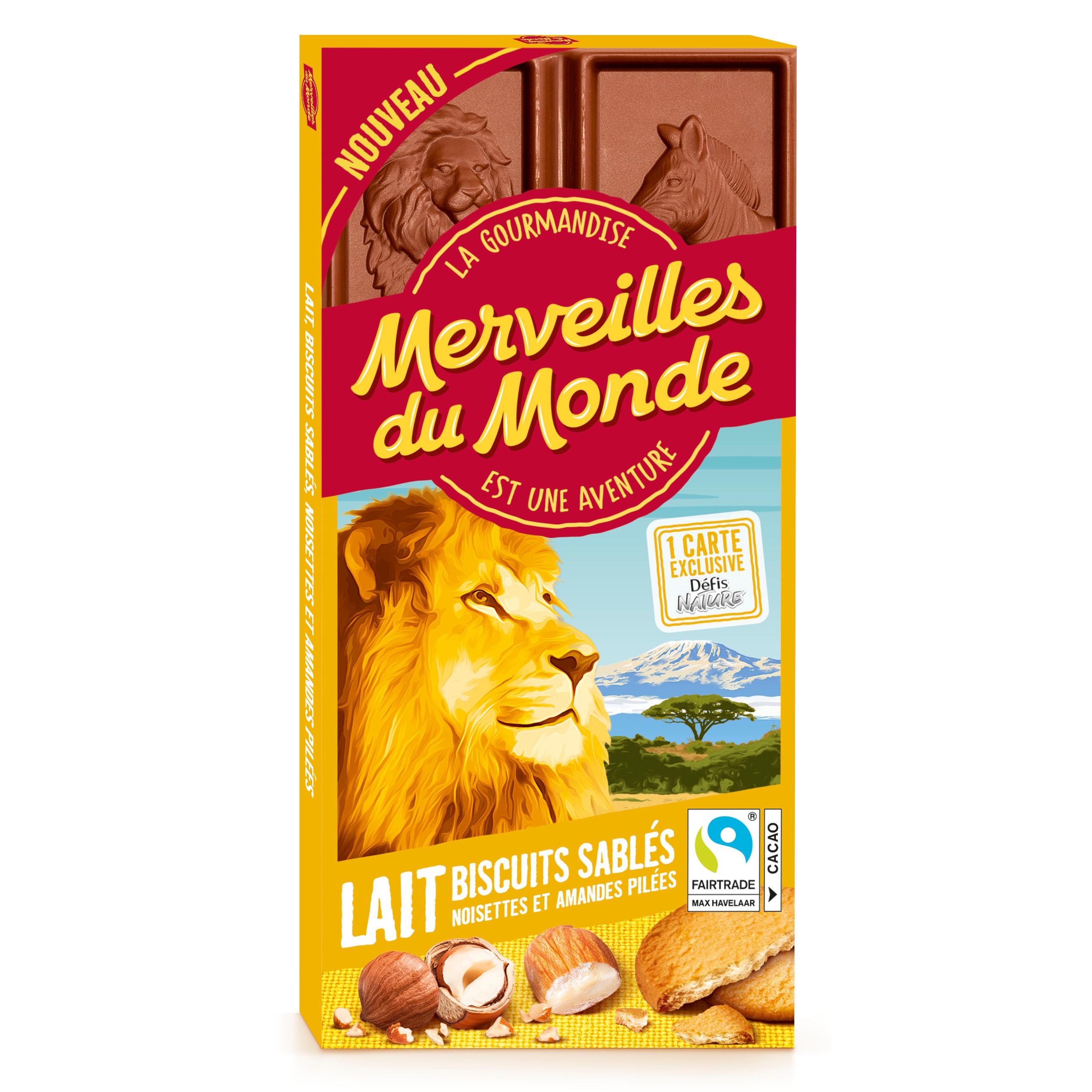 MERVEILLES DU MONDE Tablette de chocolat au lait noisettes, amandes pilées et biscuits sablés 100g
