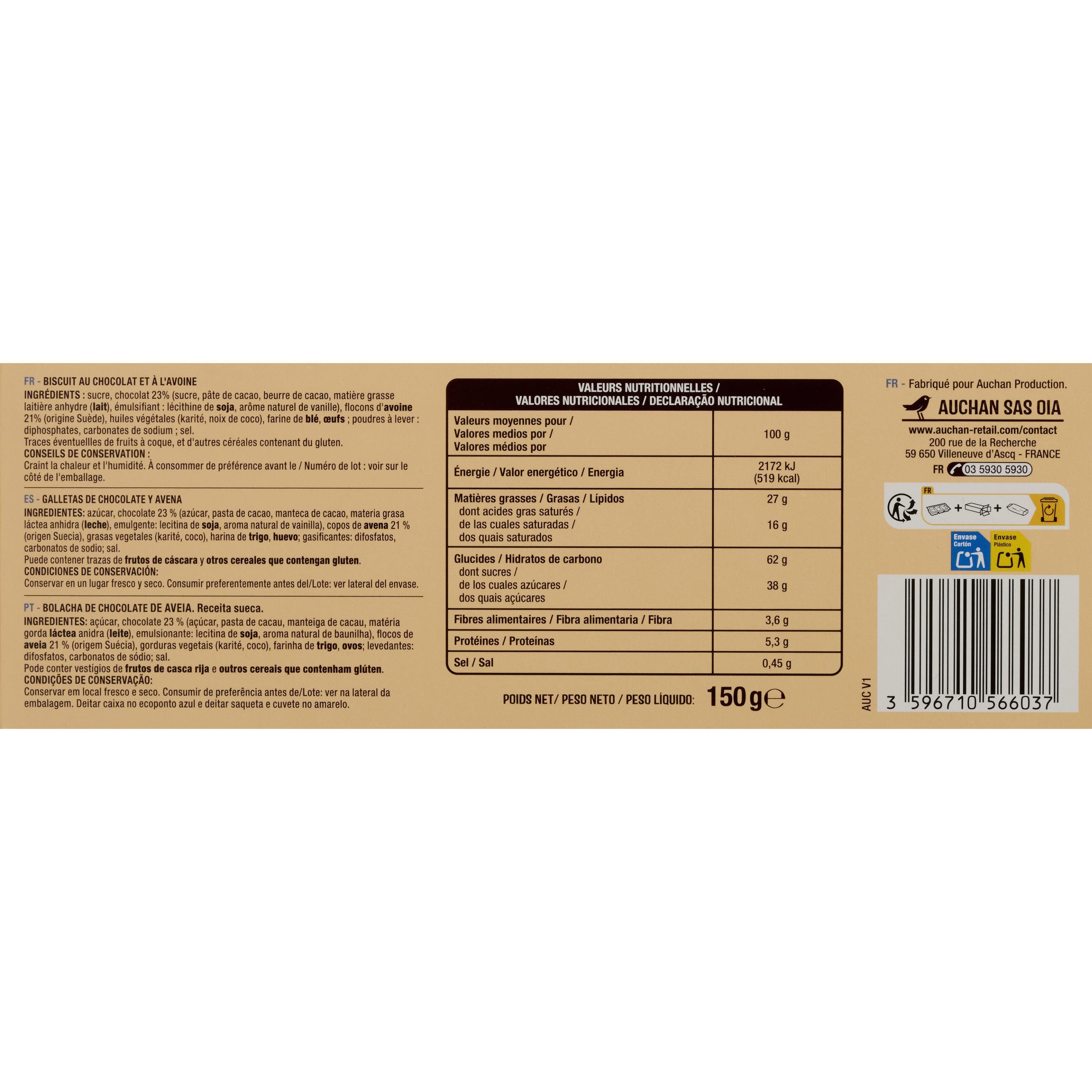 Voir la diapositive 4 : AUCHAN Galettes suédoises aux flocons d'avoine chocolat 150g
