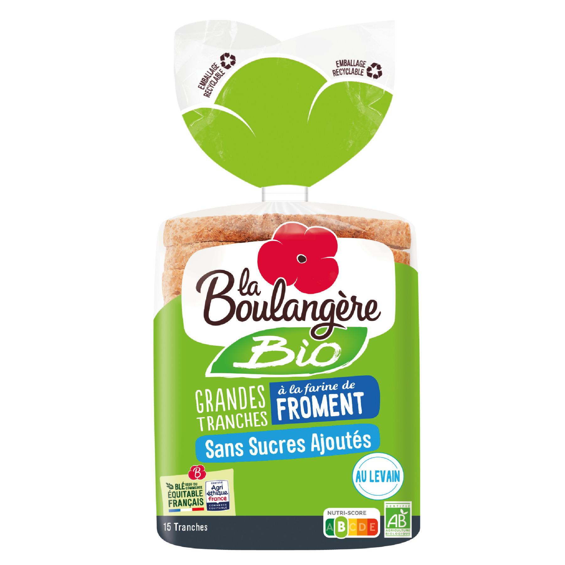 LA BOULANGERE Pain de mie bio à la farine de froment sans sucres ajoutés 15 tranches 500g
