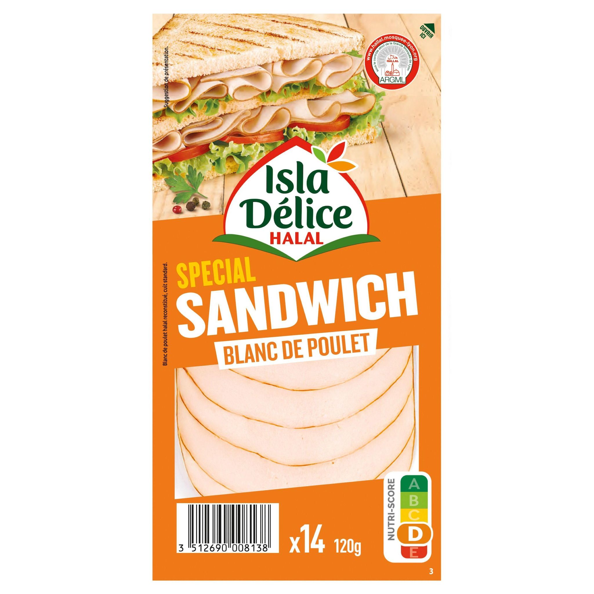ISLA DELICE Blanc de poulet halal spécial sandwich 14 tranches 120g
