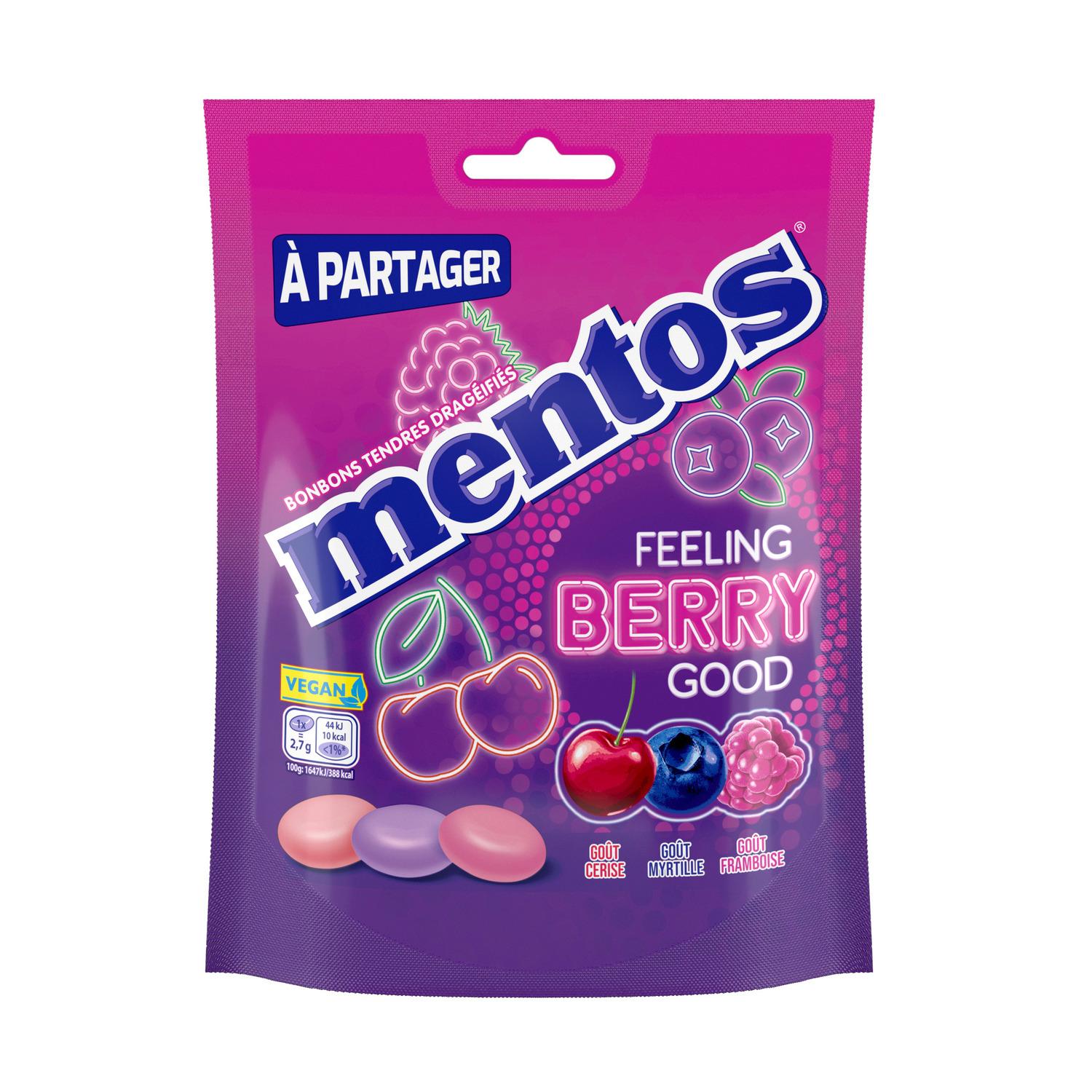 MENTOS Bonbons tendres dragéifiés goûts framboise, myrtille et cerise 140g