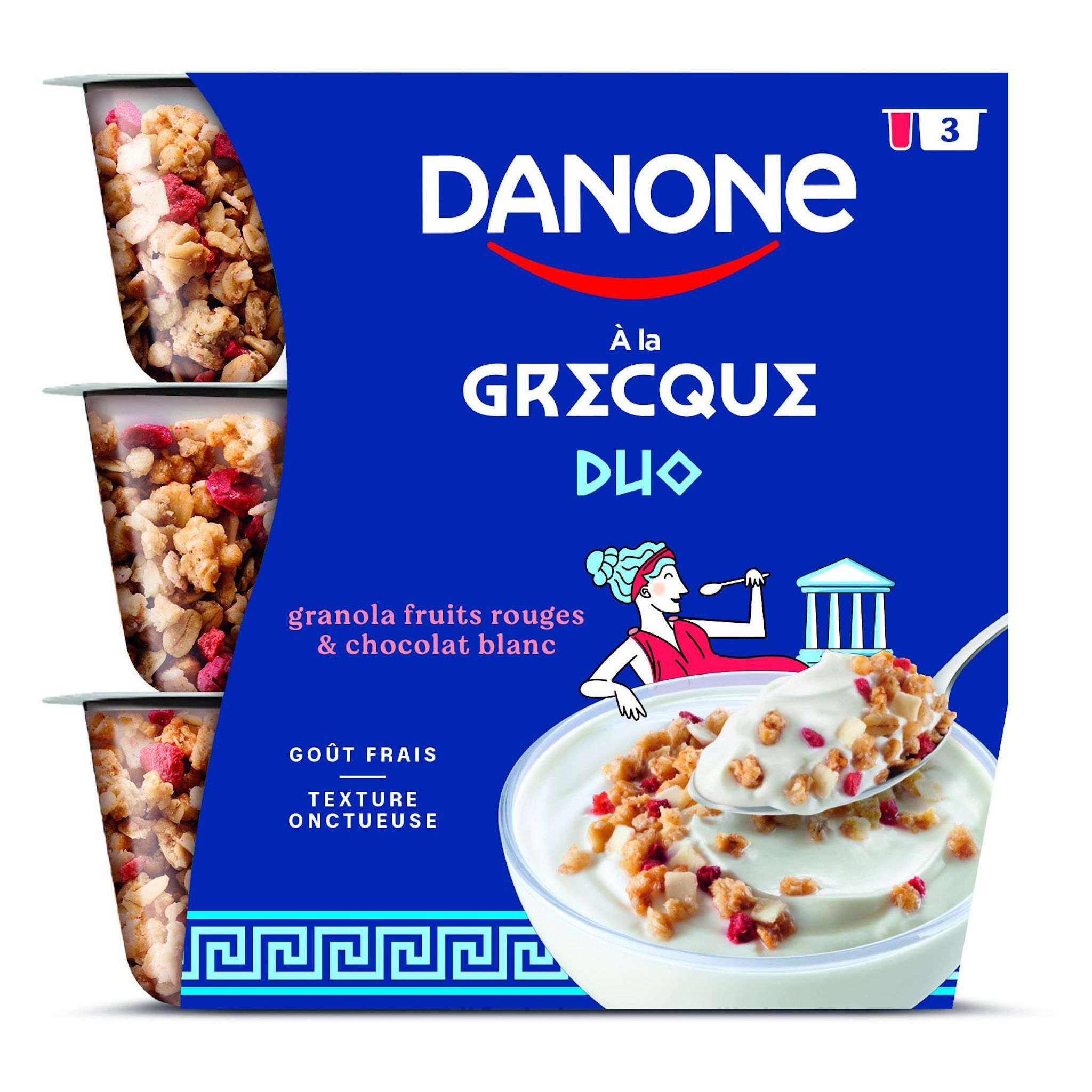 DANONE Yaourt à la grecque duo nature sucré aux fruits rouges et chocolat blanc 3x100g