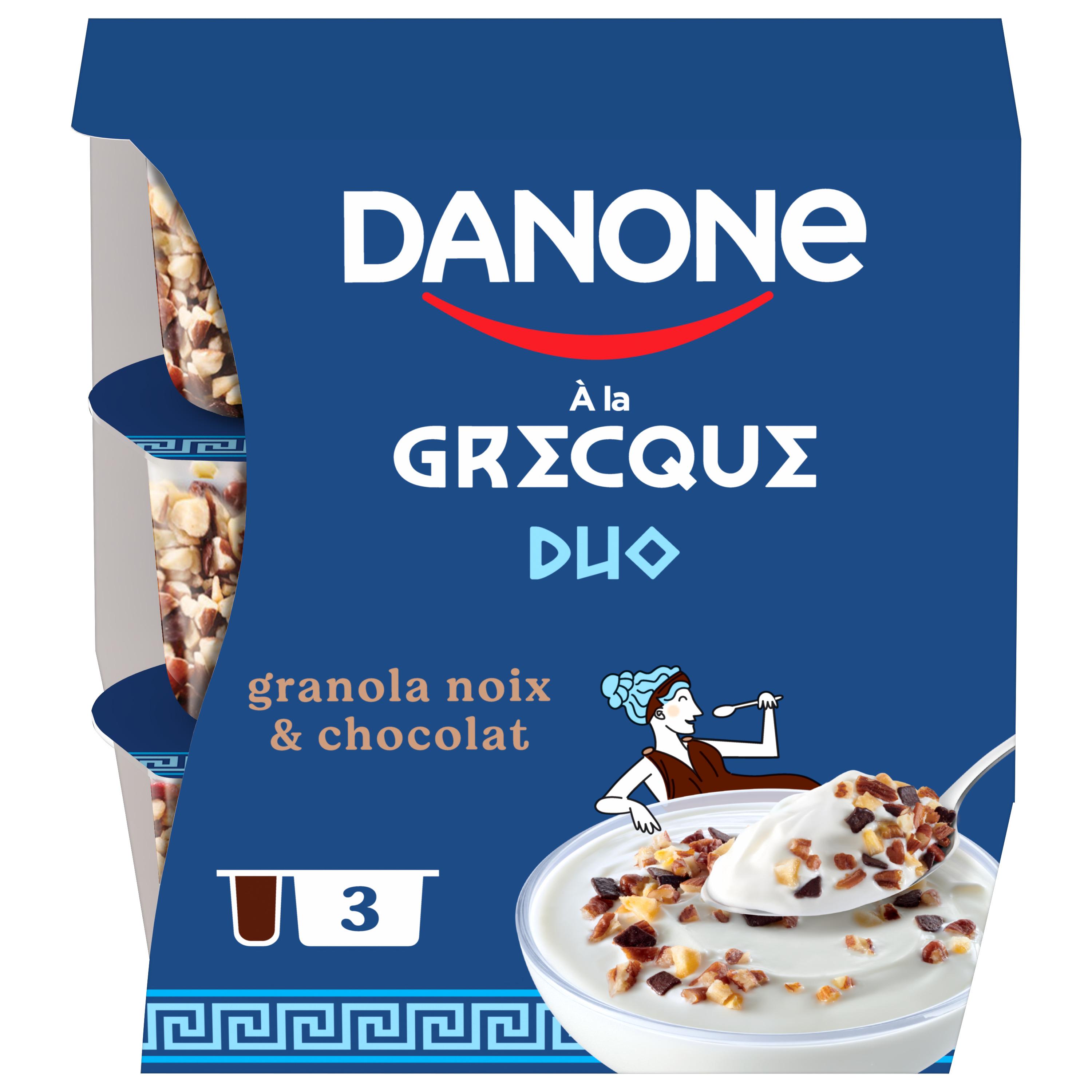DANONE Yaourt à la grecque sucré duo nature au granola aux noix et chocolat noir 3x100g