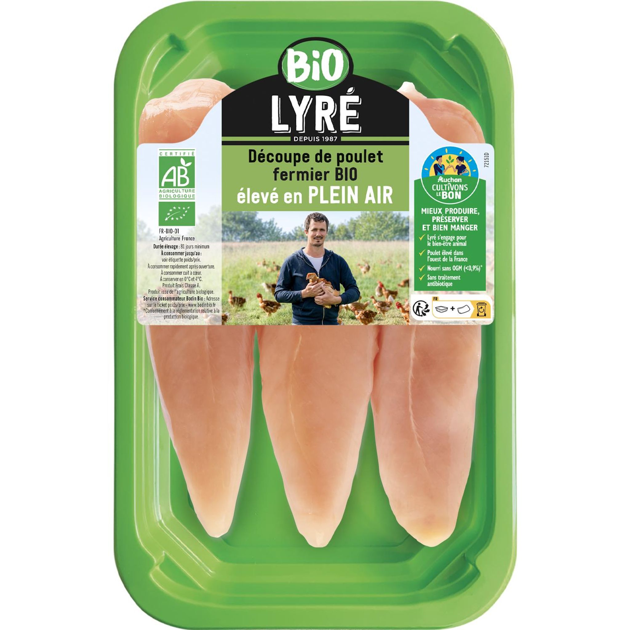 LYRE CULTIVONS LE BON Aiguillettes de poulet fermier bio élevé en plein air 3 pièces 250g