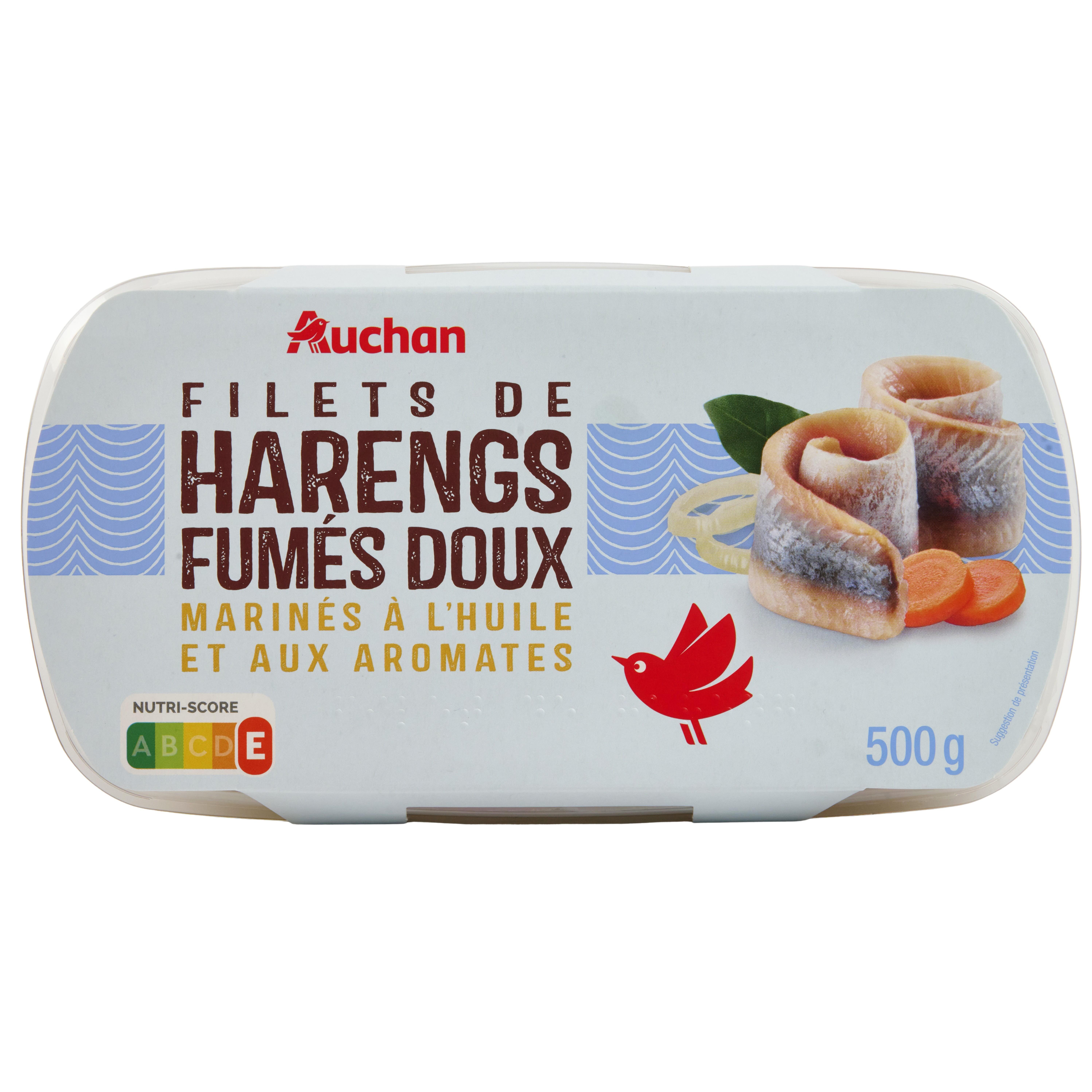 AUCHAN Filets de harengs fumés doux marinés à l'huile et aux aromates 500g