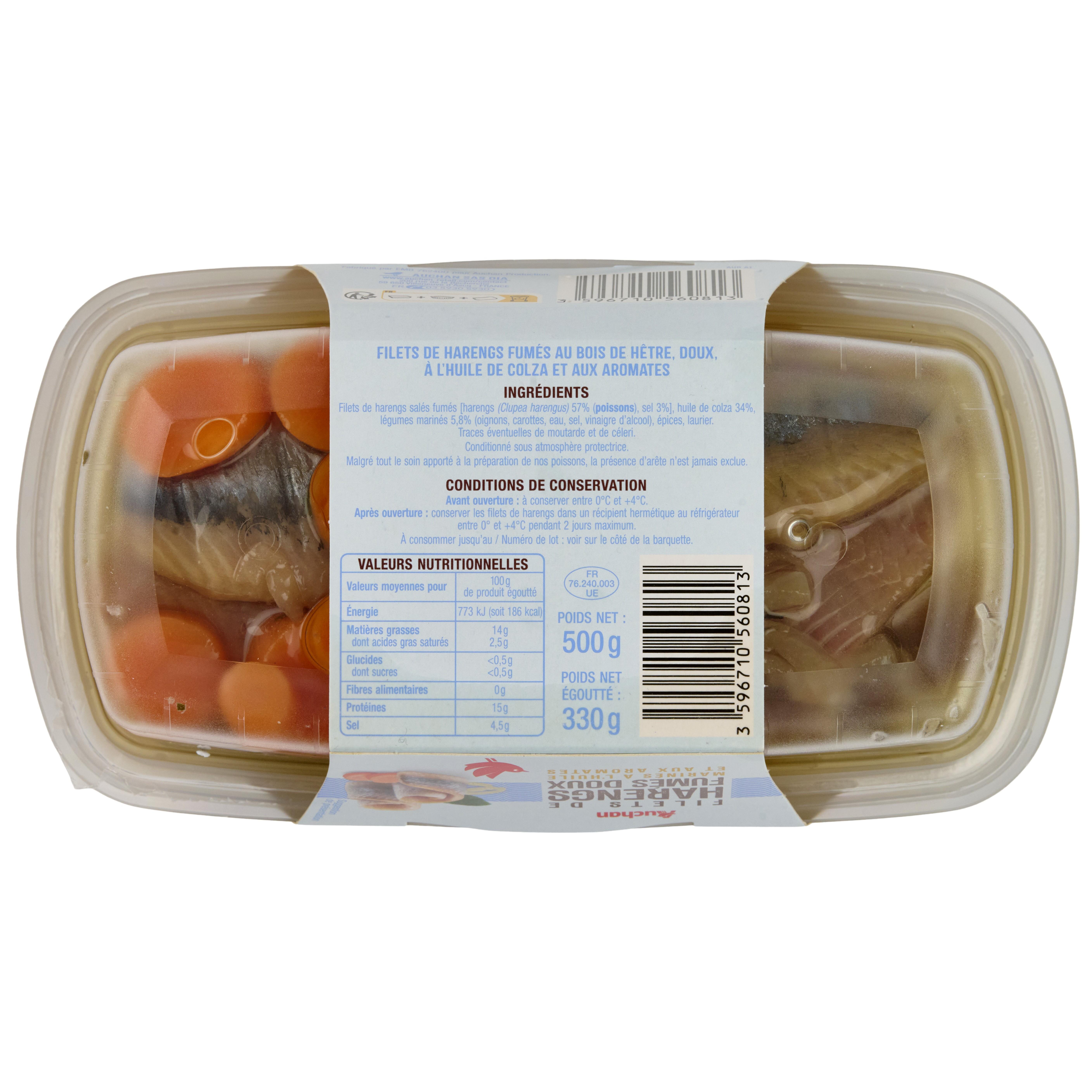 Voir la diapositive 2 : AUCHAN Filets de harengs fumés doux marinés à l'huile et aux aromates 500g