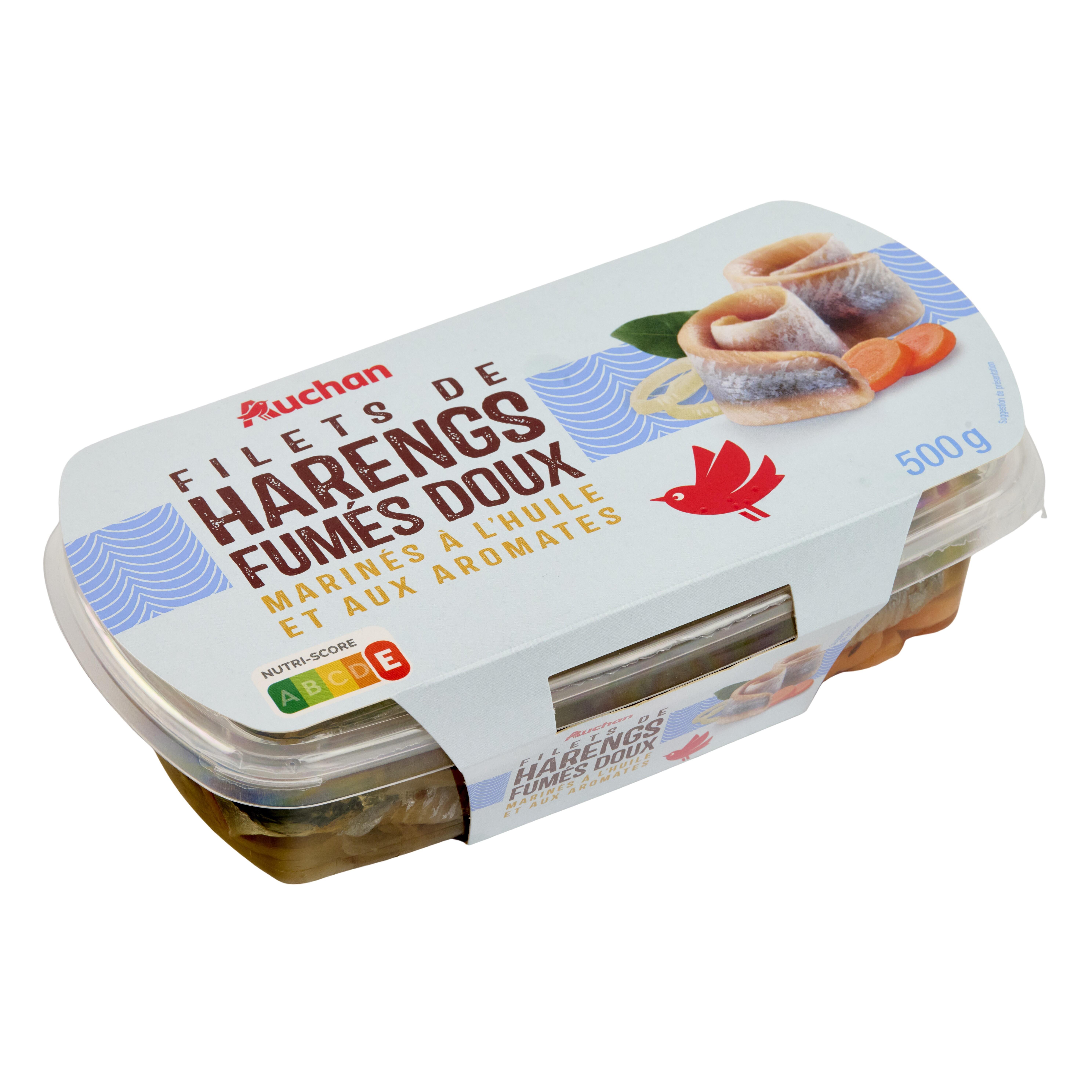 Voir la diapositive 3 : AUCHAN Filets de harengs fumés doux marinés à l'huile et aux aromates 500g
