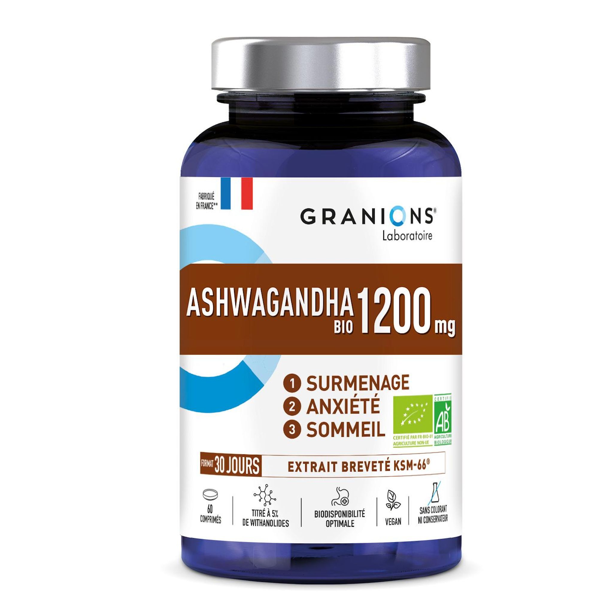 GRANIONS Complément alimentaire Ashwagandha 1200mg bio 60 comprimés