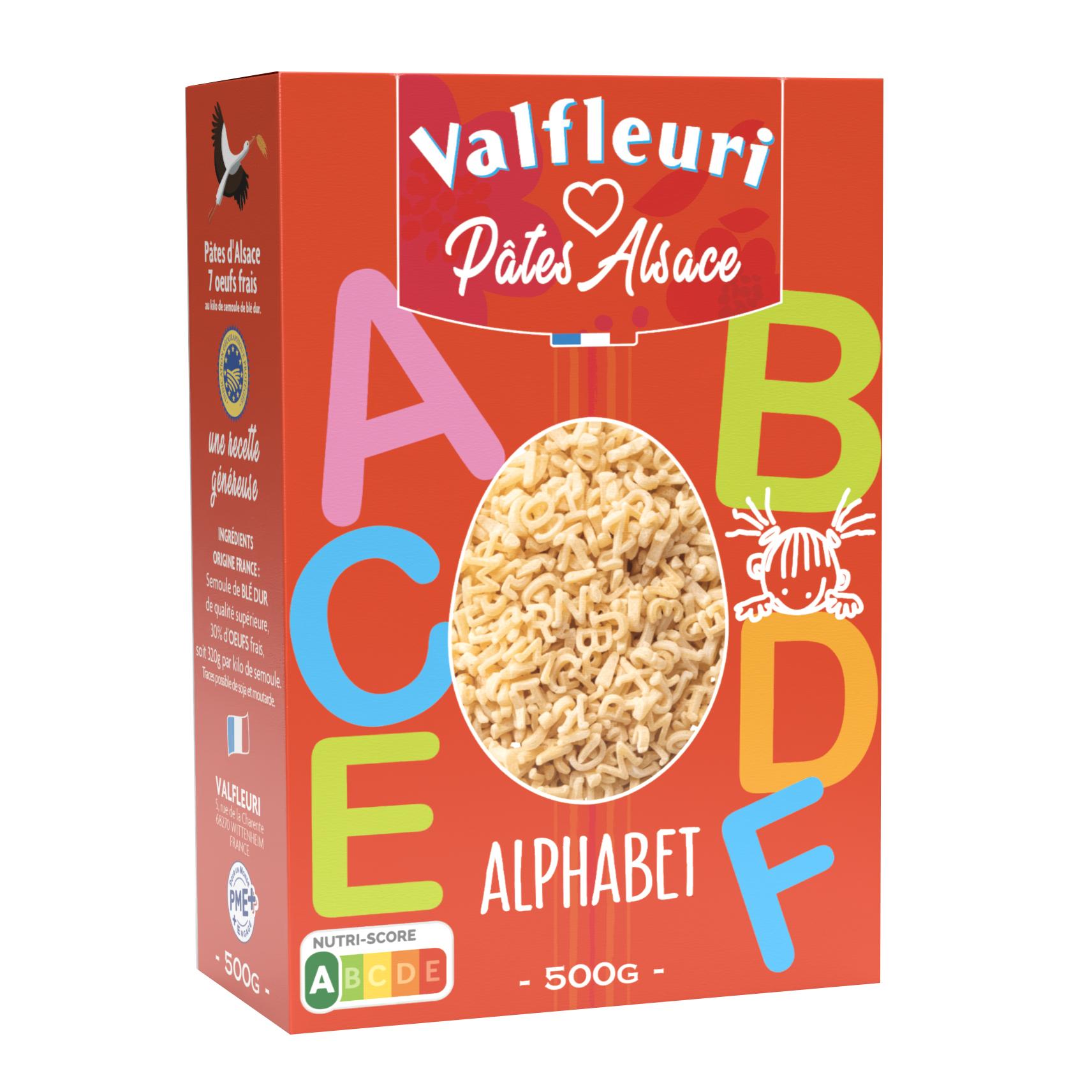 VALFLEURI Pâtes d'Alsace alphabet 7 oeufs frais plein air 500g