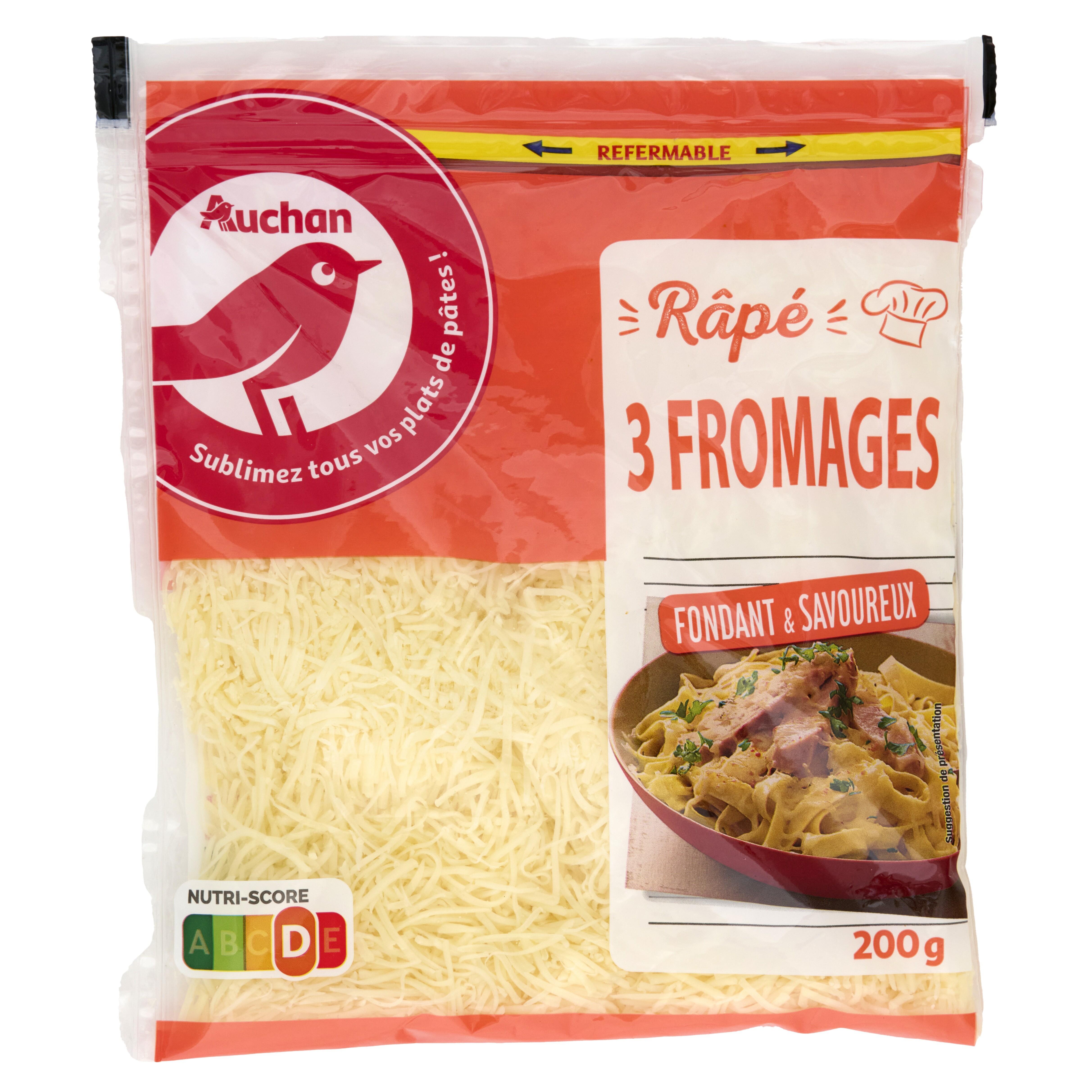 Voir la diapositive 1 : AUCHAN Râpé 3 fromages pour pâtes 200g