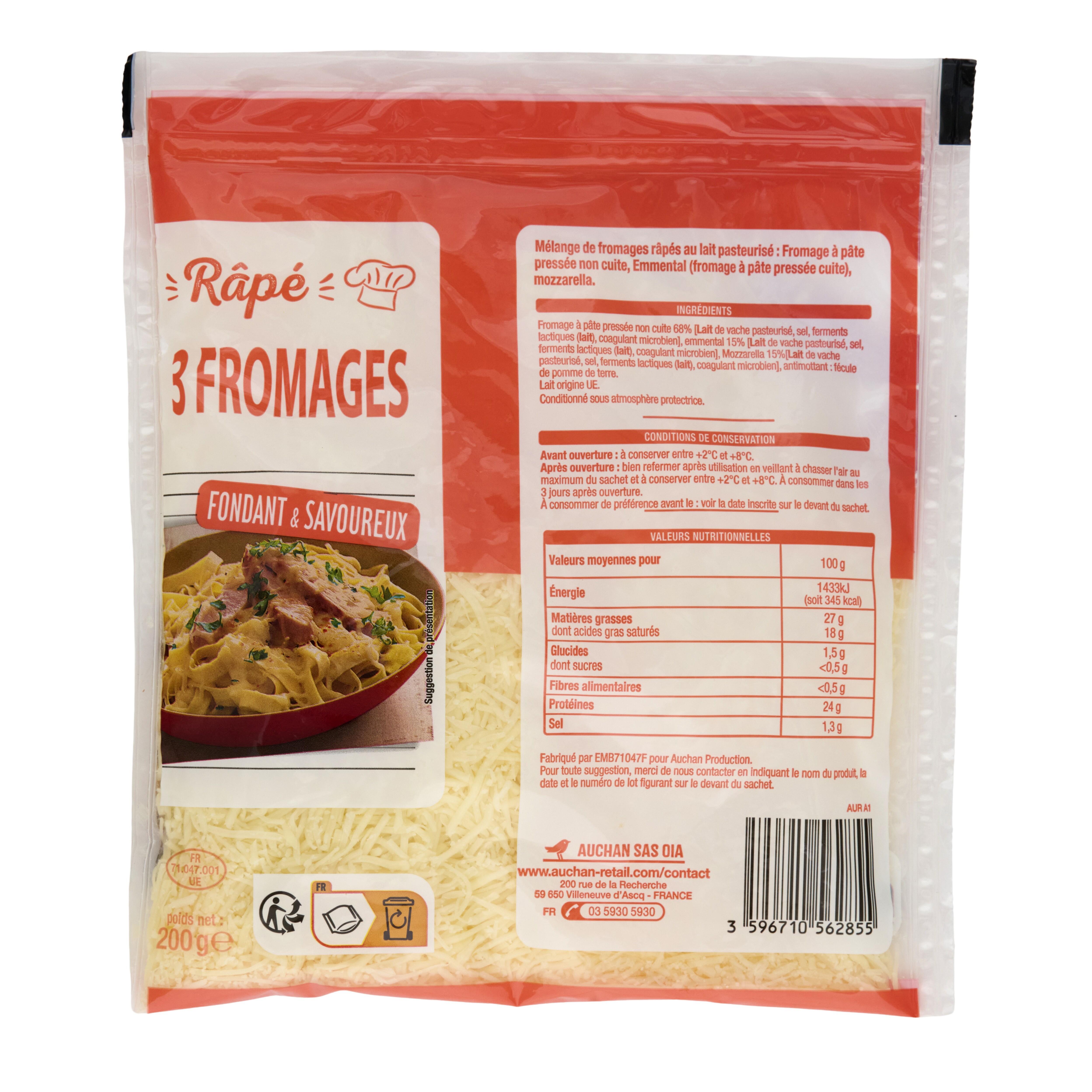 Voir la diapositive 2 : AUCHAN Râpé 3 fromages pour pâtes 200g