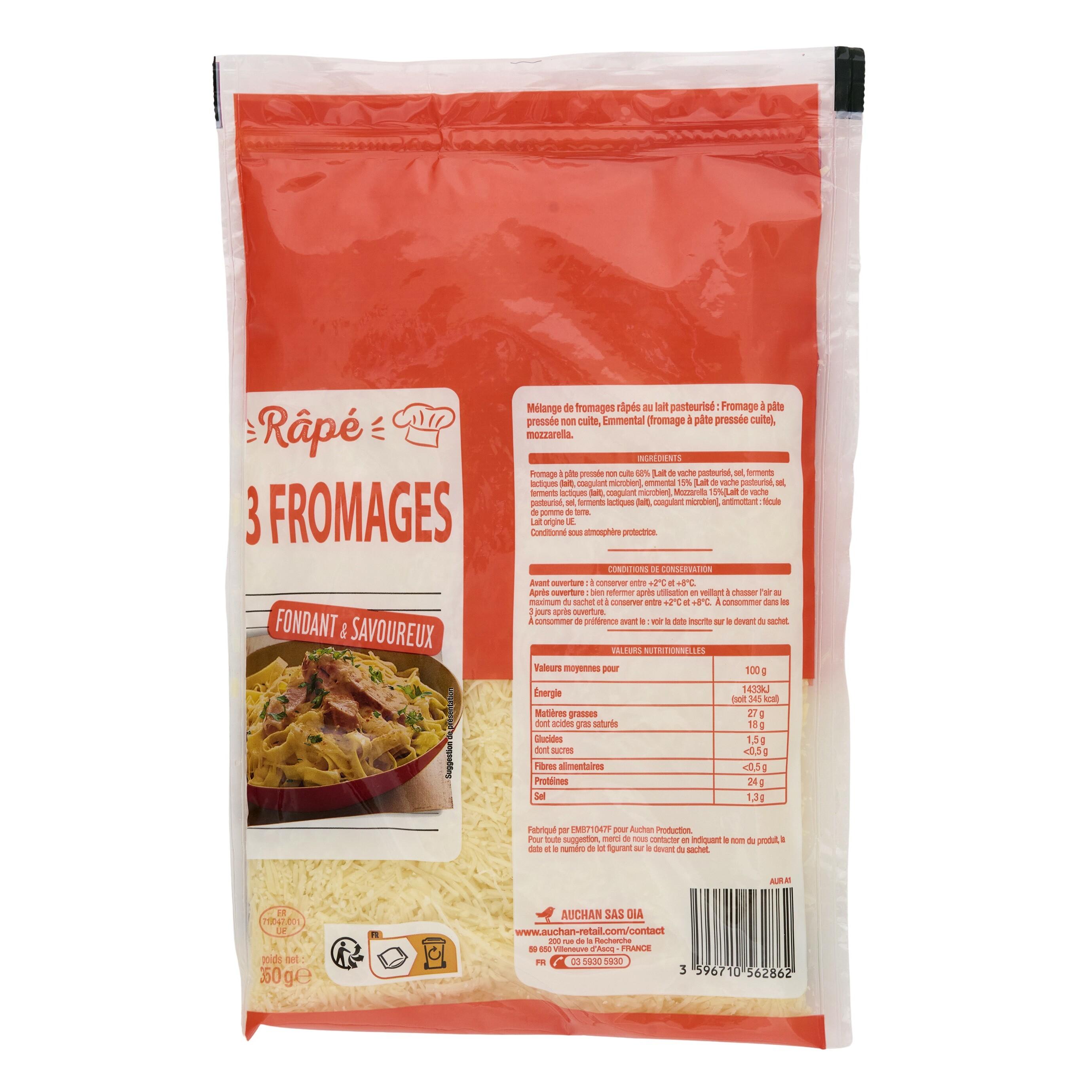 Voir la diapositive 2 : AUCHAN Râpé 3 fromages pour pâtes 350g