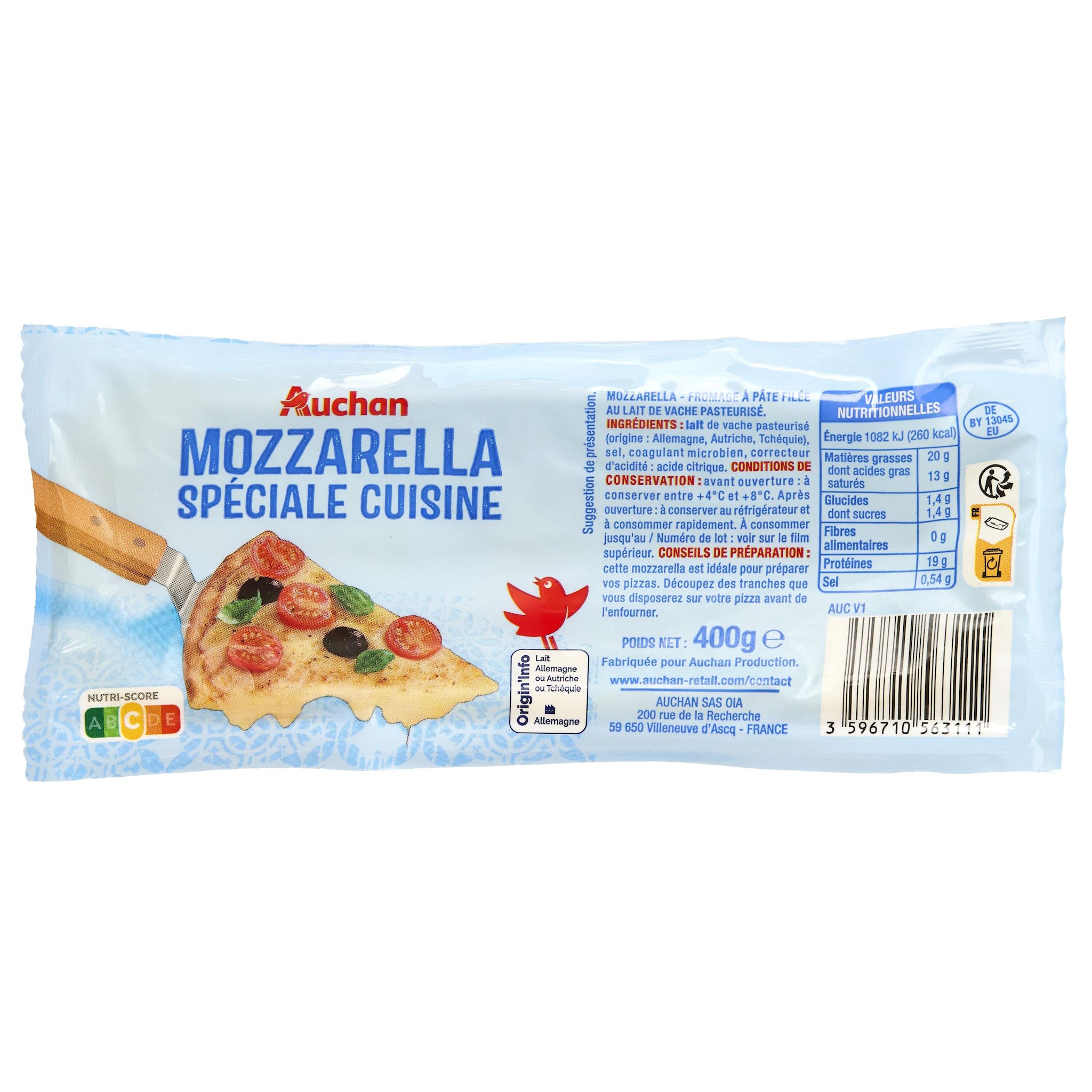 AUCHAN Mozzarella cuisine spéciale cuisson texture onctueuse 400g