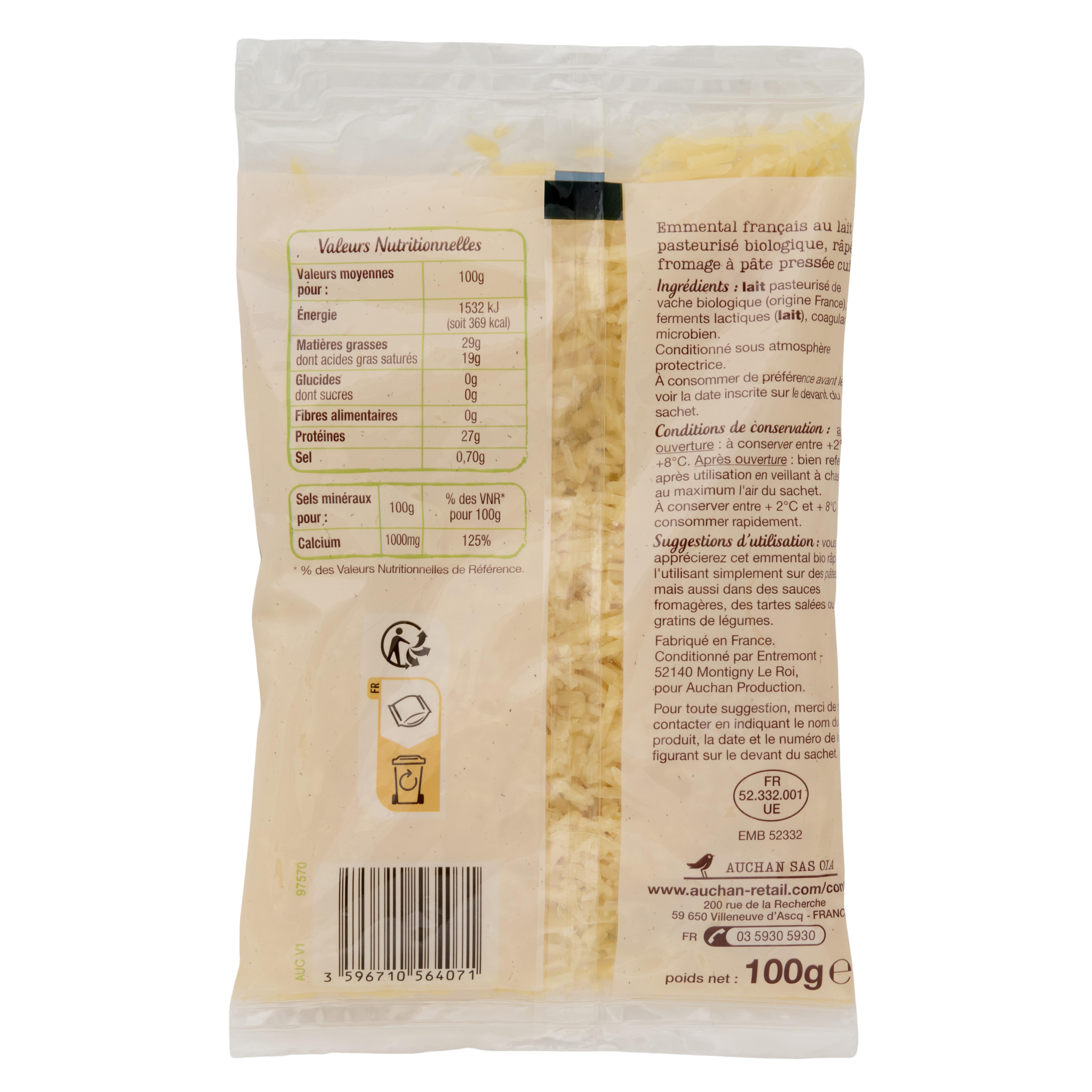 Voir la diapositive 2 : AUCHAN BIO Emmental râpé doux et fruité 100g