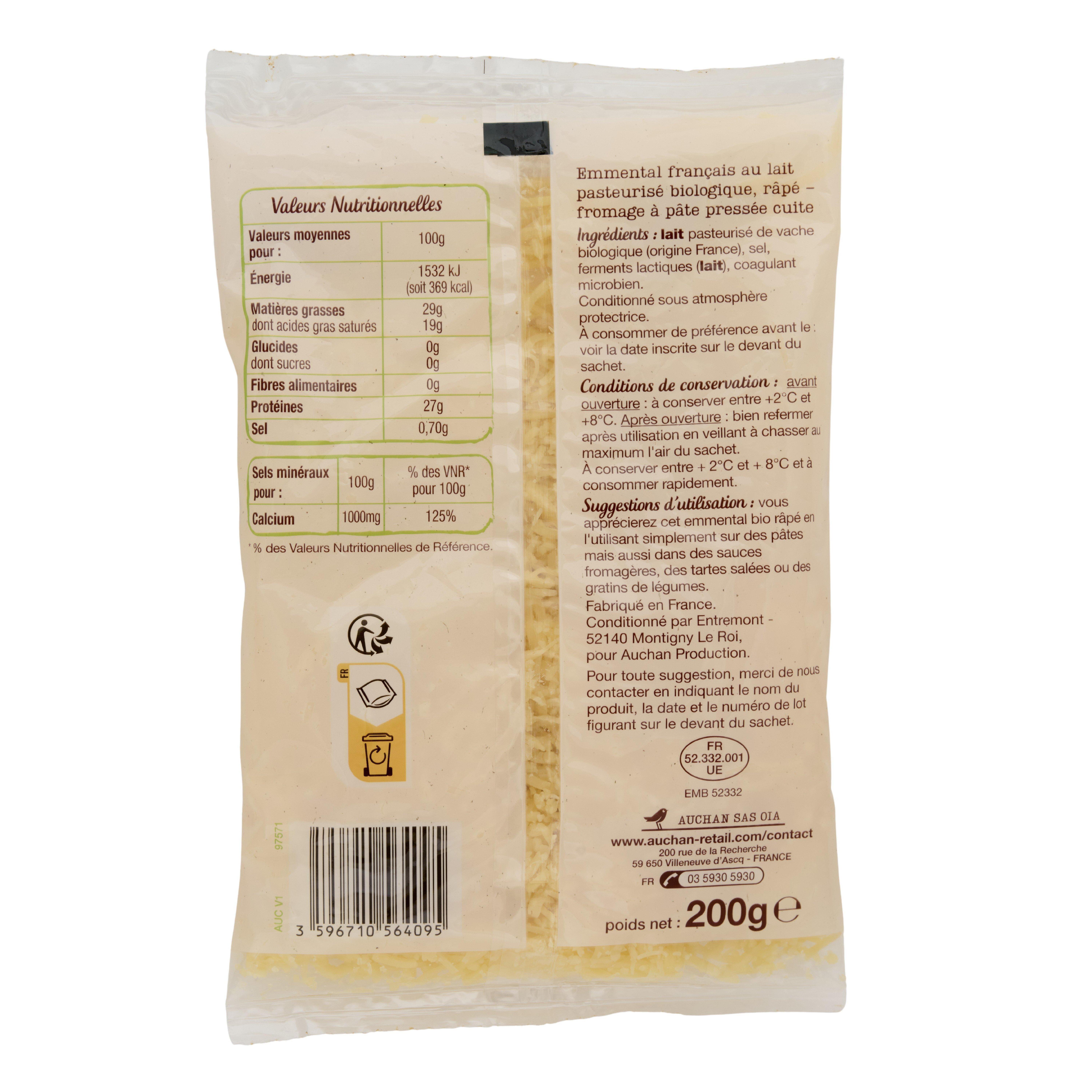 Voir la diapositive 2 : AUCHAN BIO Emmental râpé 200g