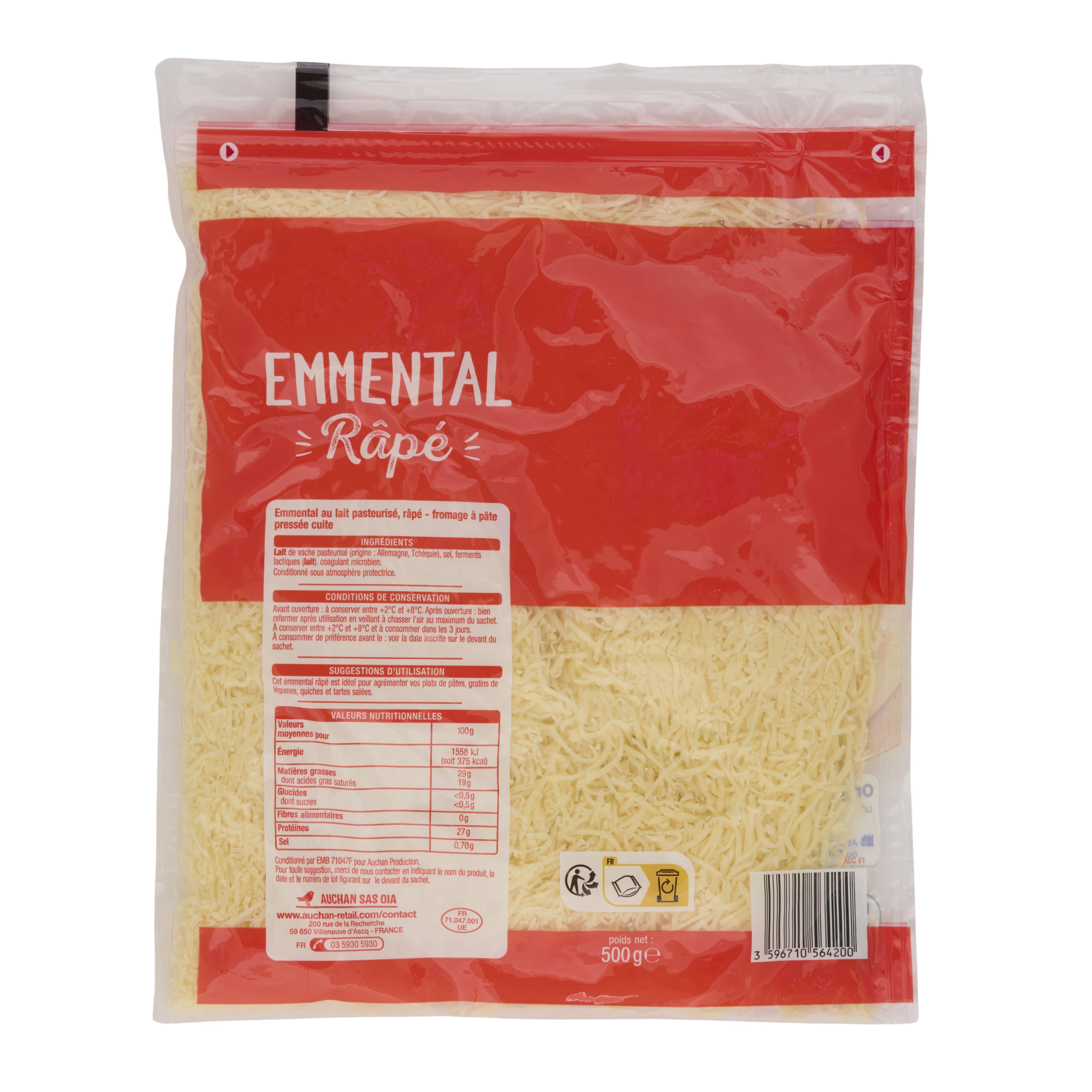 Voir la diapositive 2 : AUCHAN Emmental râpé origine UE 500g
