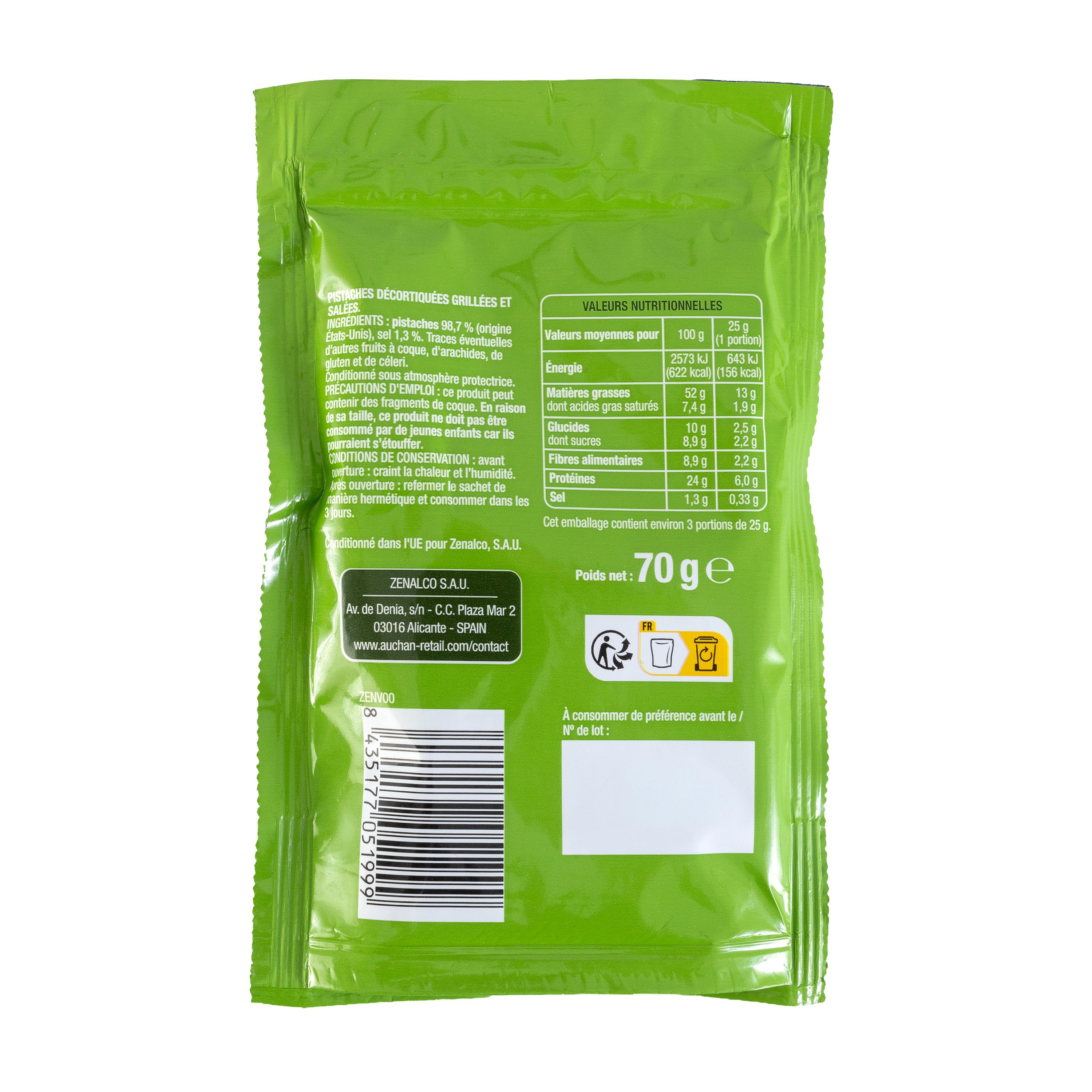Voir la diapositive 2 : AUCHAN Pistaches décortiquées grillées et salées 70g