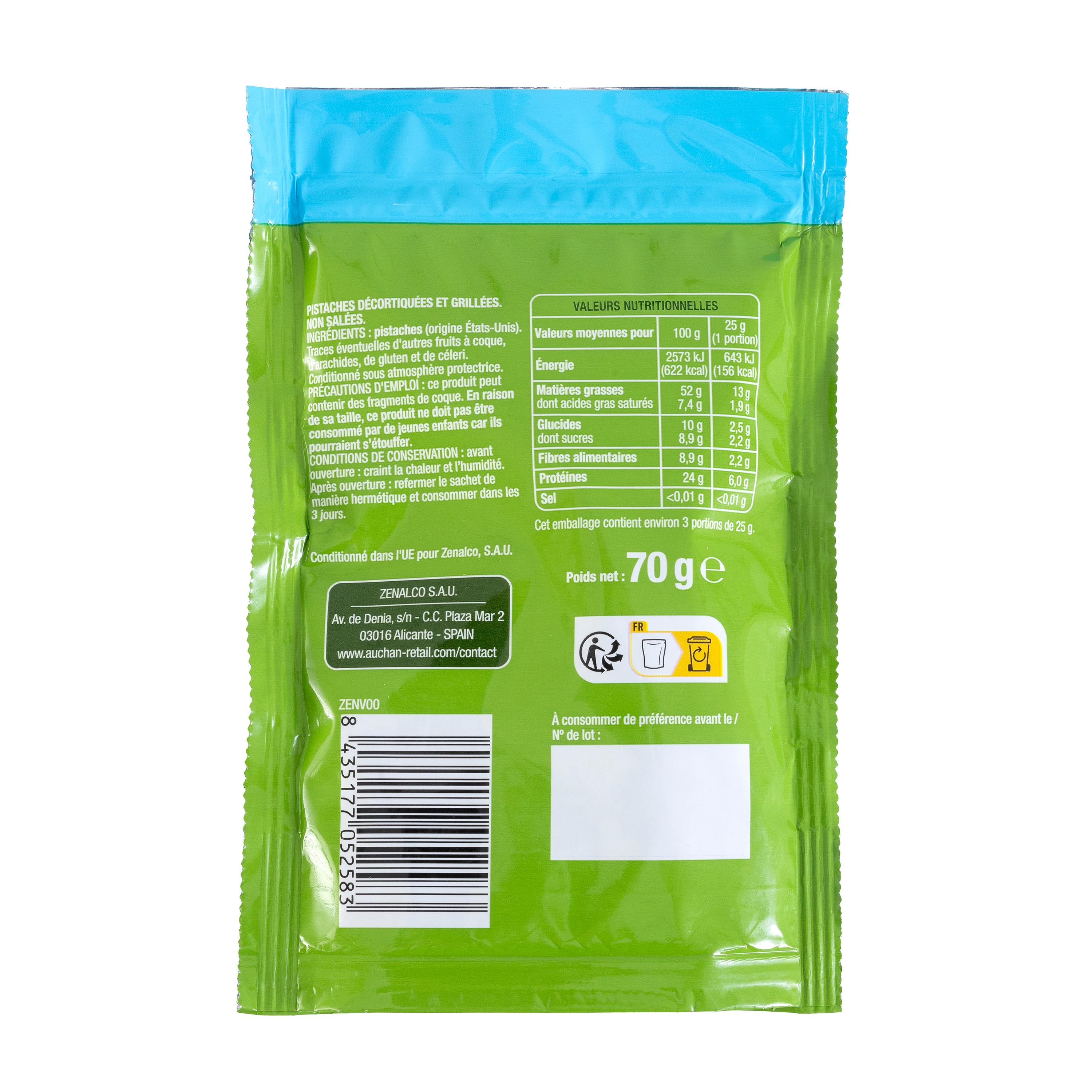 Voir la diapositive 2 : AUCHAN Pistaches décortiquées et grillées sans sel ajouté 70g