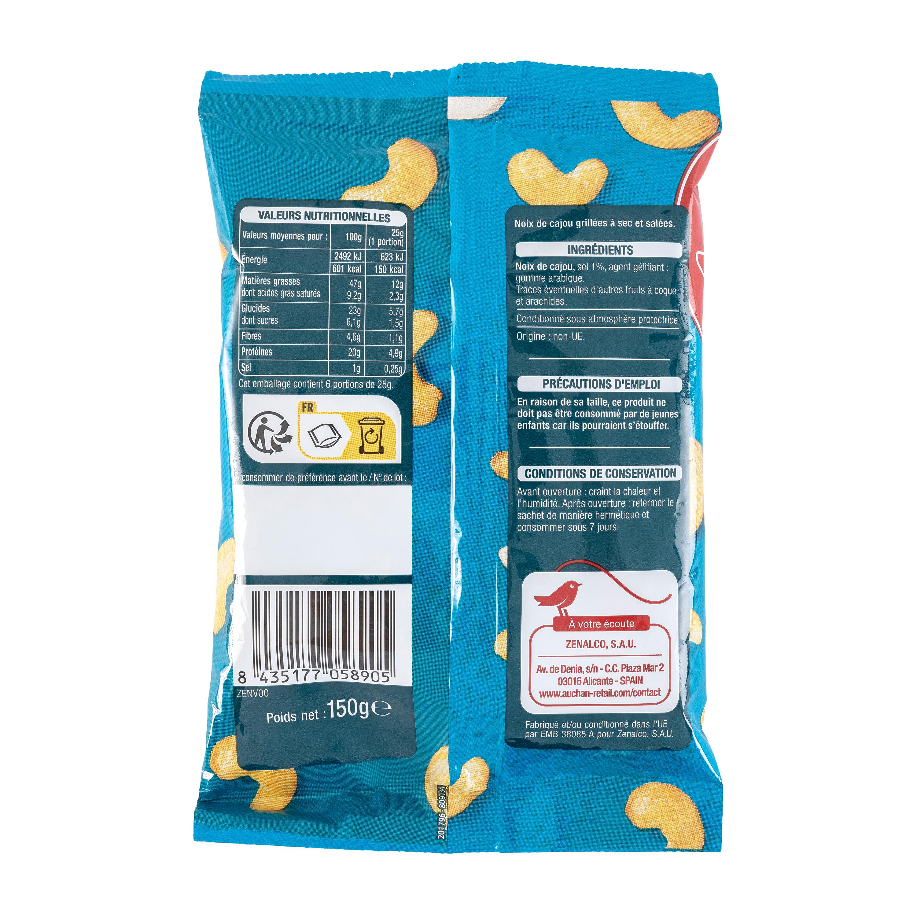 Voir la diapositive 2 : AUCHAN Noix de cajou grillées à sec 150g