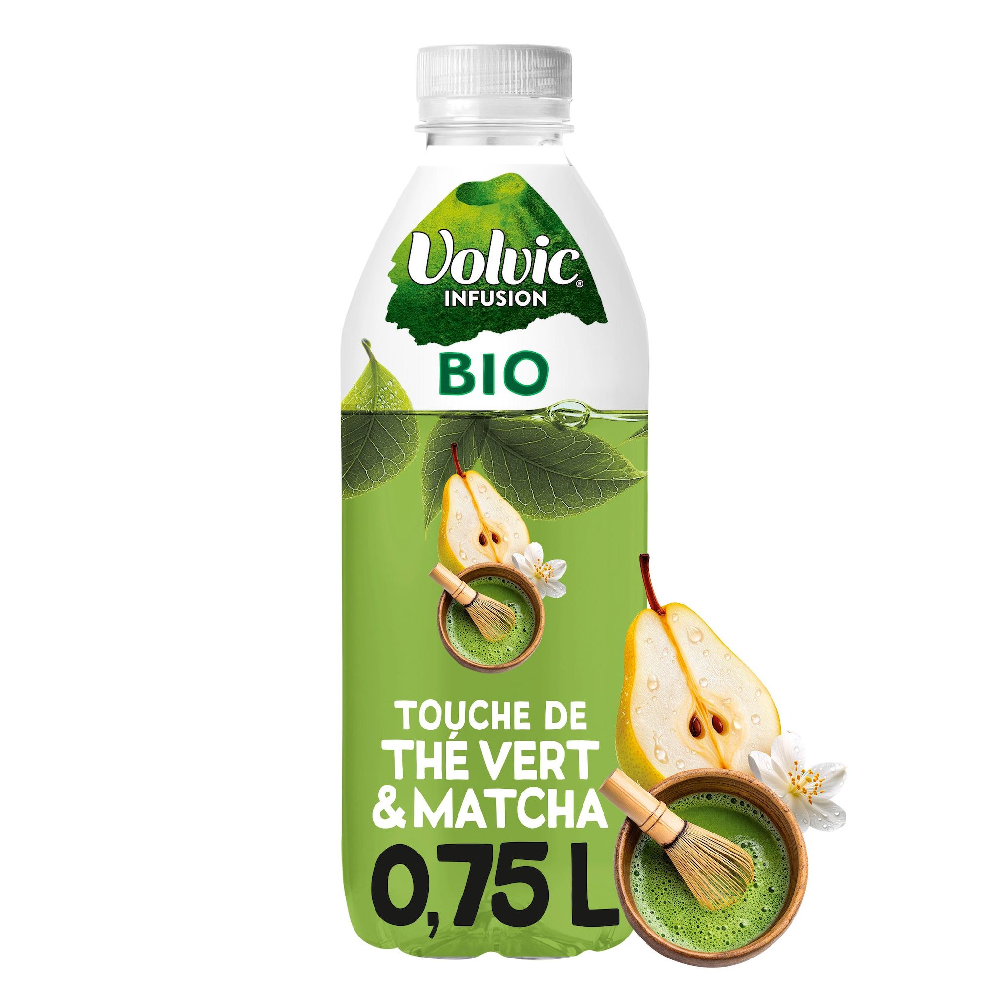 Voir la diapositive 2 : VOLVIC INFUSION BIO Eau plate infusée thé vert et matcha aux arômes de poire et jasmin 75cl