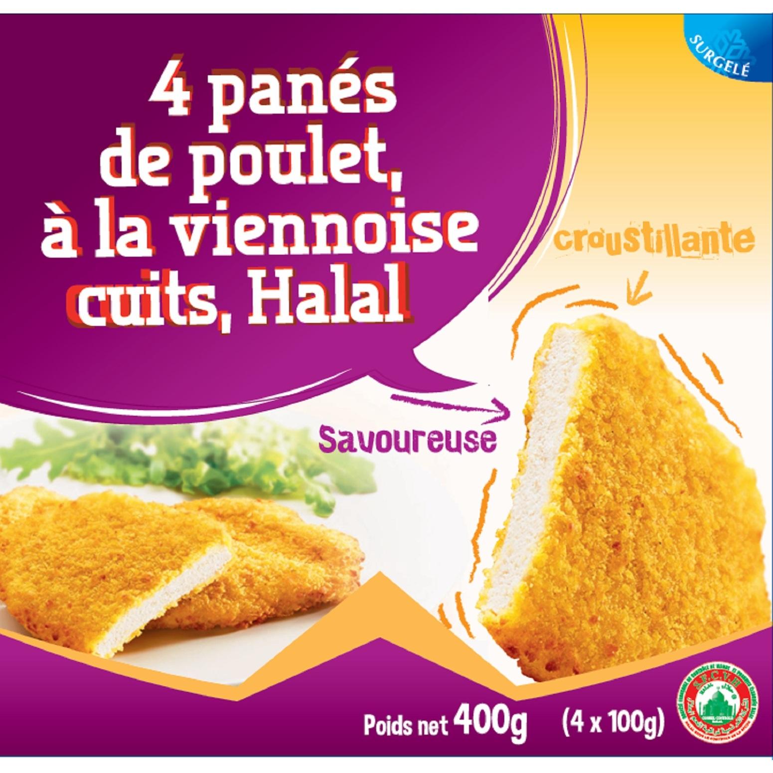 Panés de poulet halal à la viennoise frits cuits surgelés 4 pièces 400g