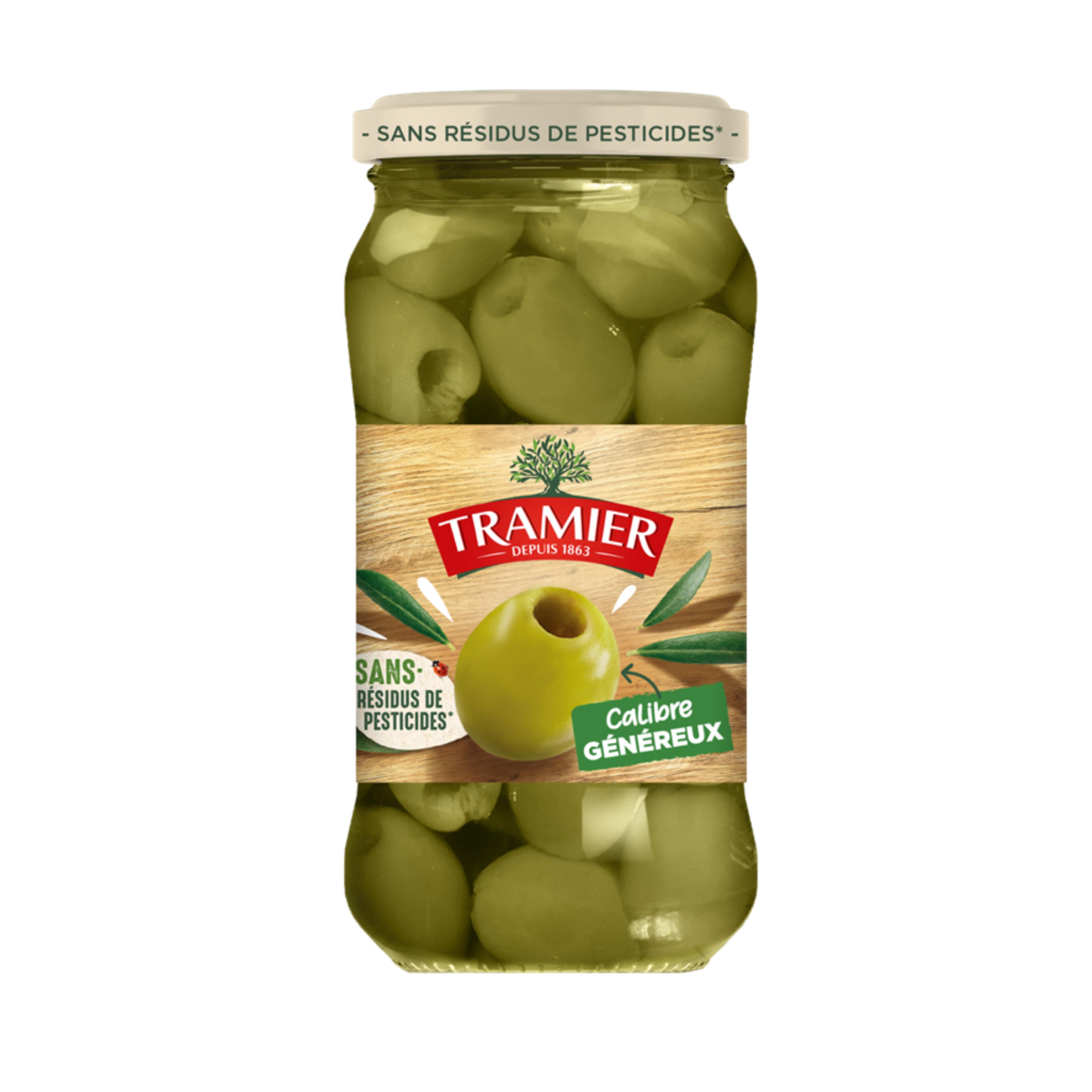 TRAMIER Olives vertes dénoyautées calibre généreux sans résidus de pesticides 160g