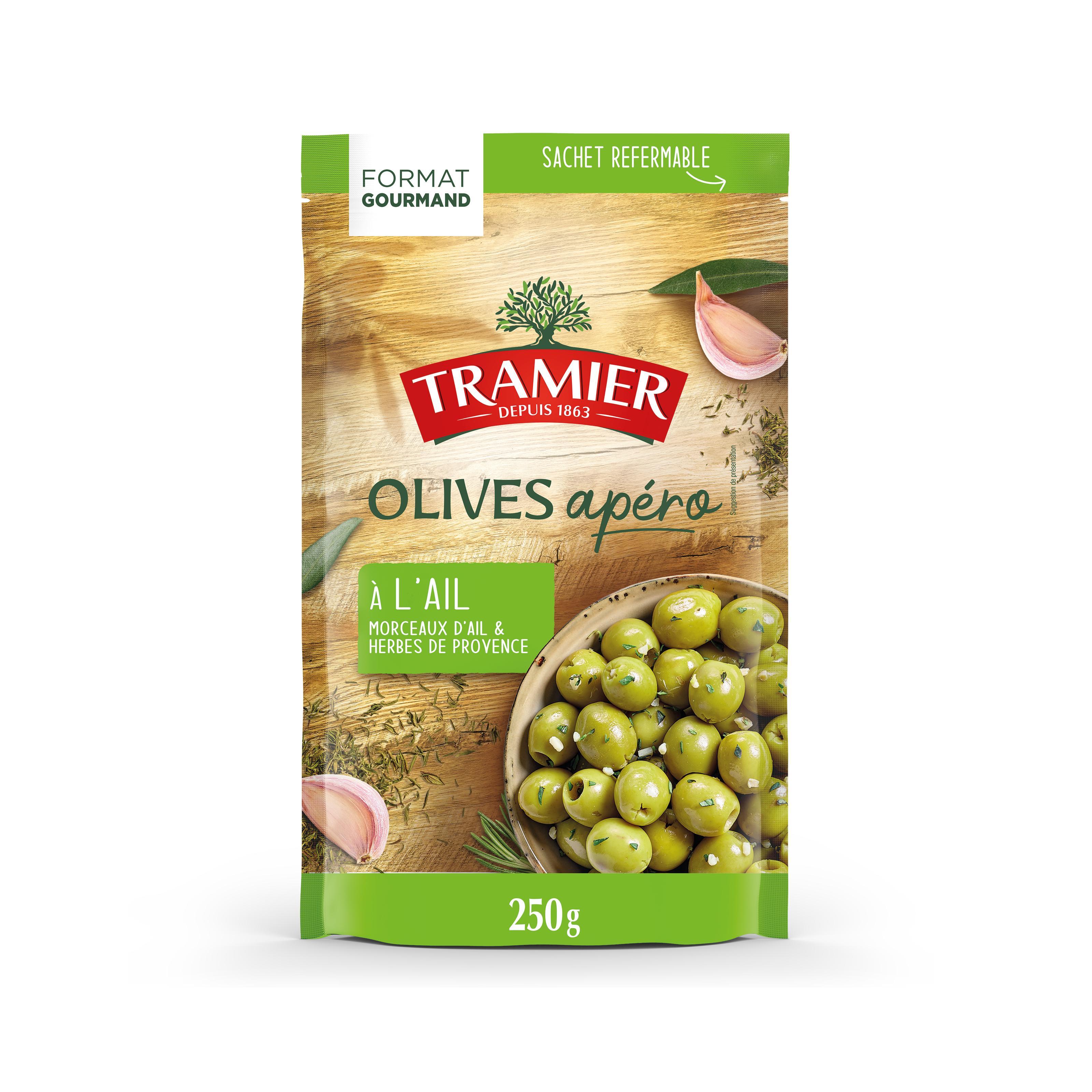 TRAMIER Olives apéro vertes dénoyautées à l'ail 250g