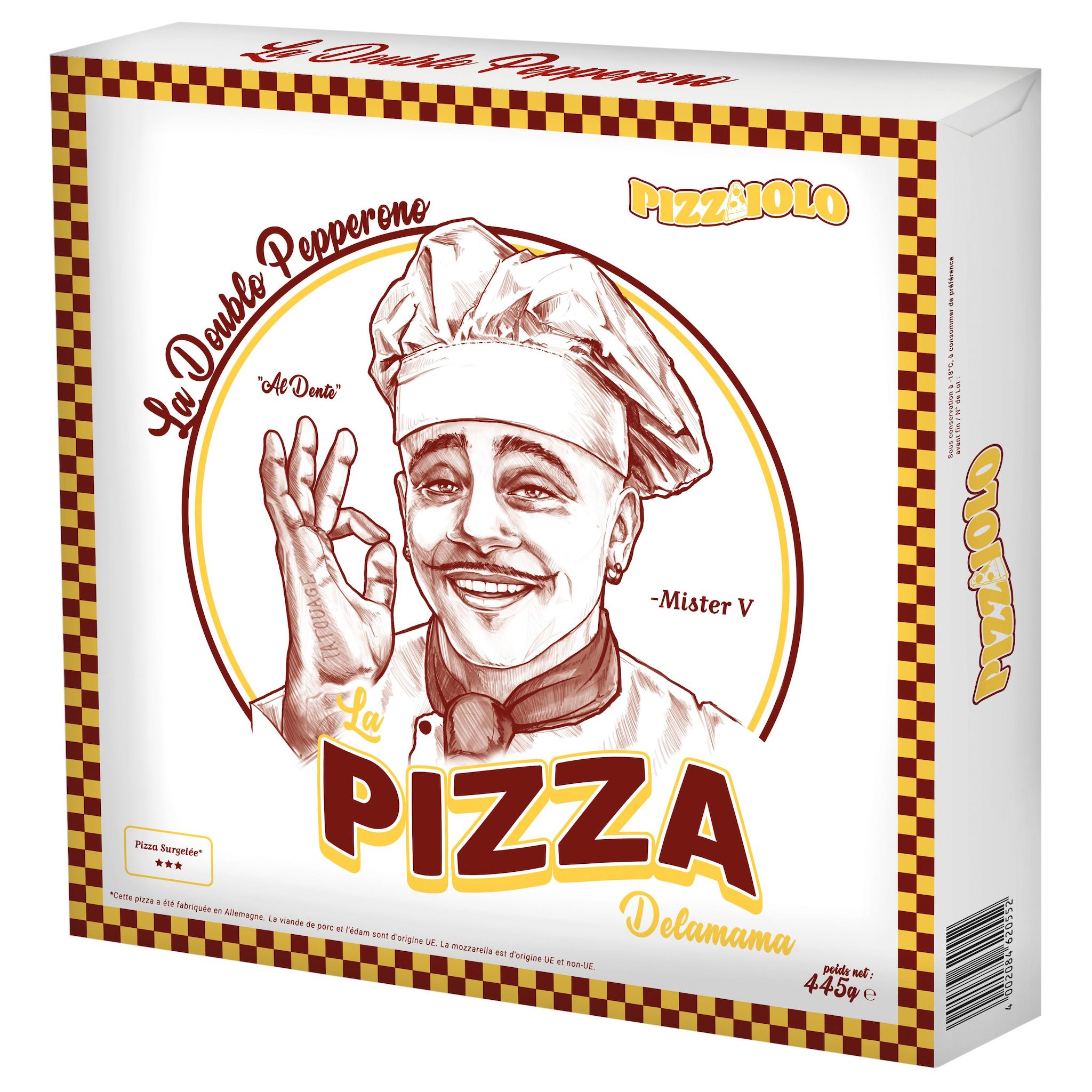 DELAMAMA Pizza Doublo Pepperono salamis épicés edam mozzarella surgelée 445g