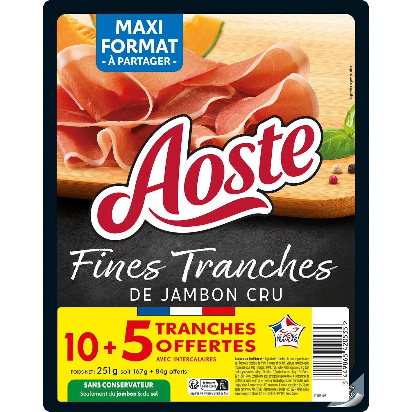 AOSTE Jambon cru tranches fines et fondantes 10 tranches + 5 offertes 251g