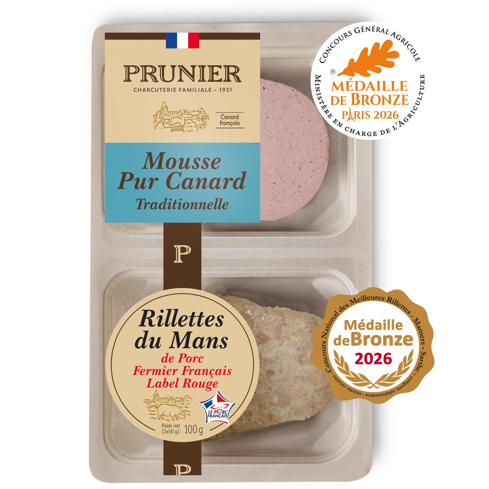 PRUNIER Mousse pur canard et rillettes du Mans de porc fermier Label Rouge 2x50g