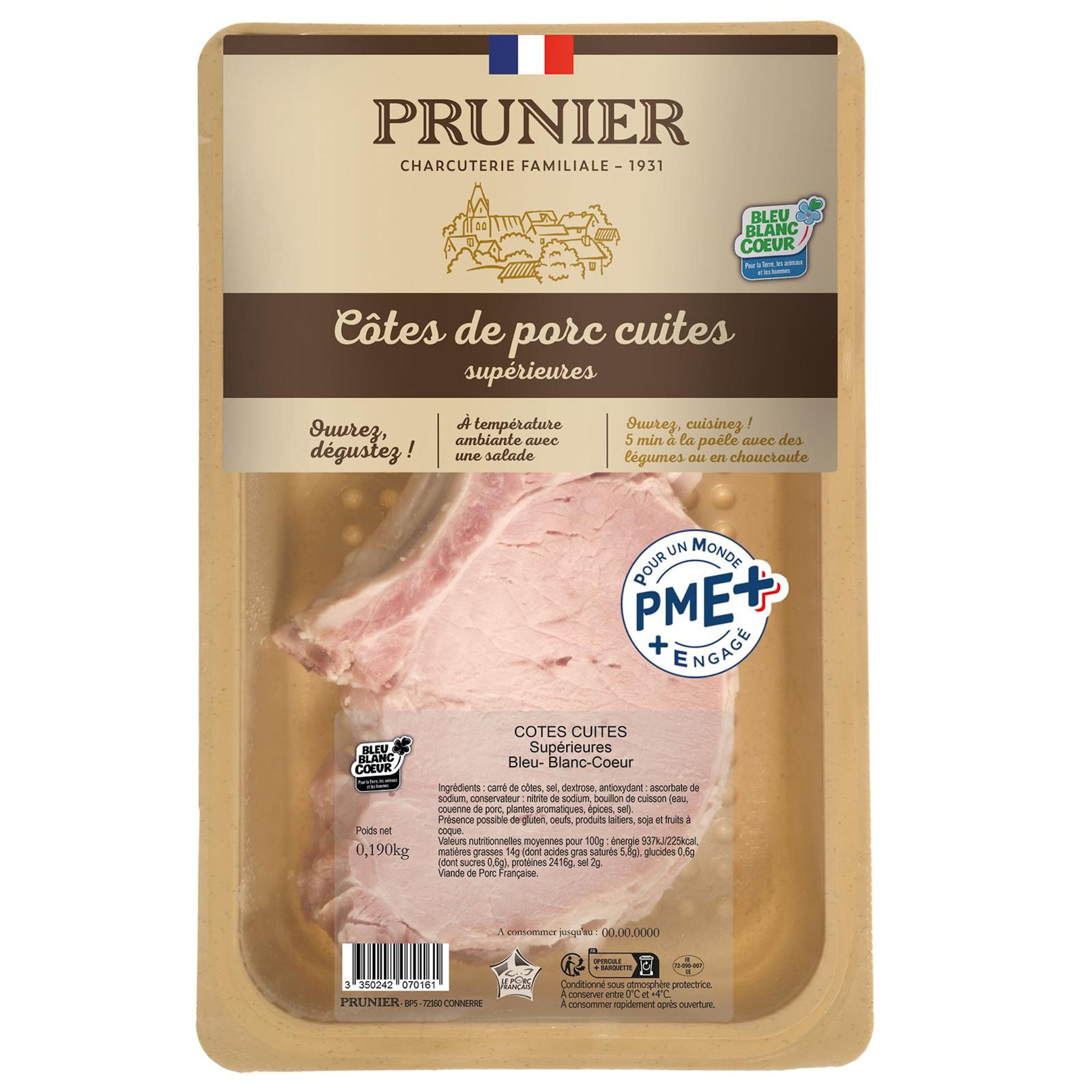 PRUNIER Côtes de porc cuites supérieures Bleu-Blanc-Coeur 190g