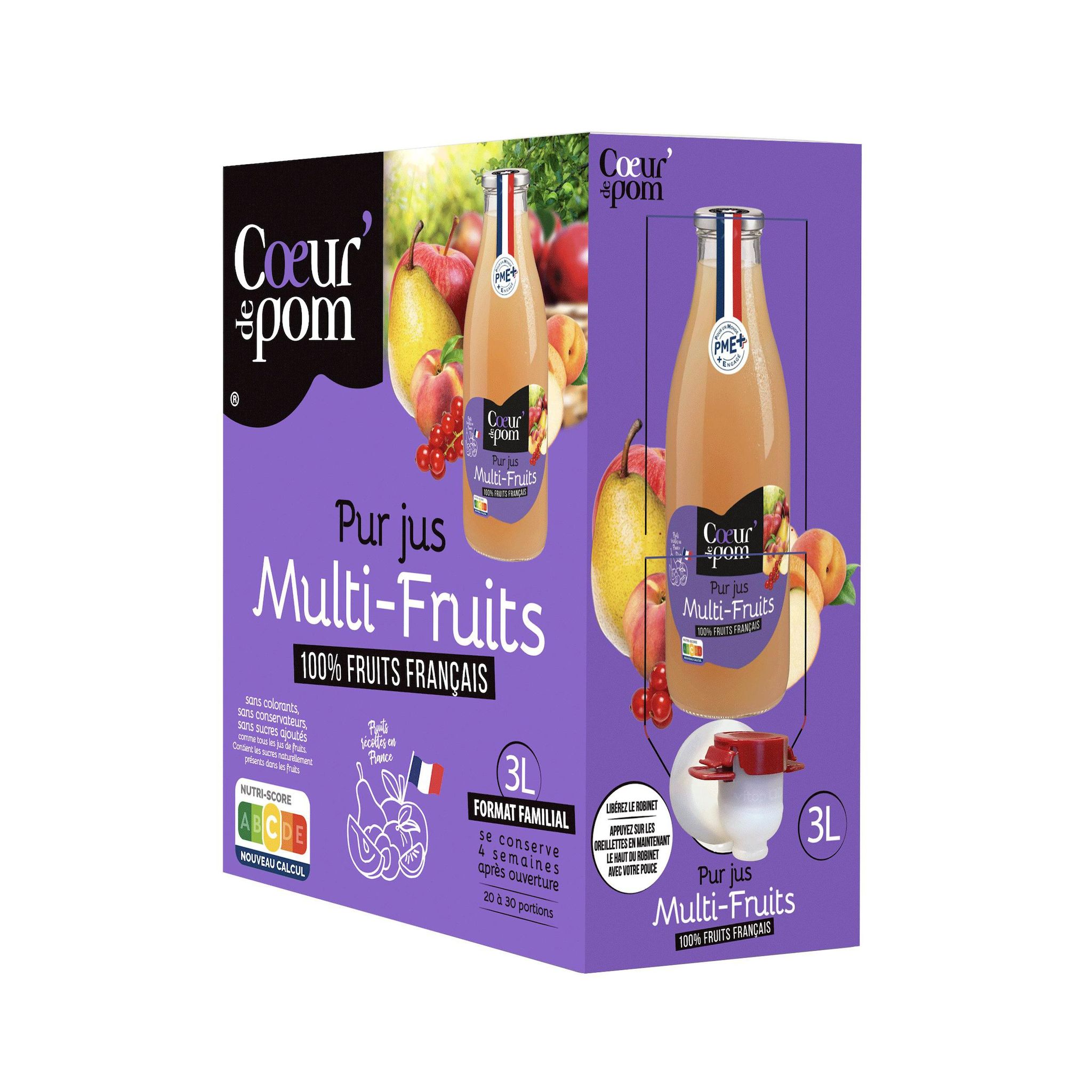 COEUR DE POM' Pur jus de multifruits sans sucres ajoutés bib bib 3l