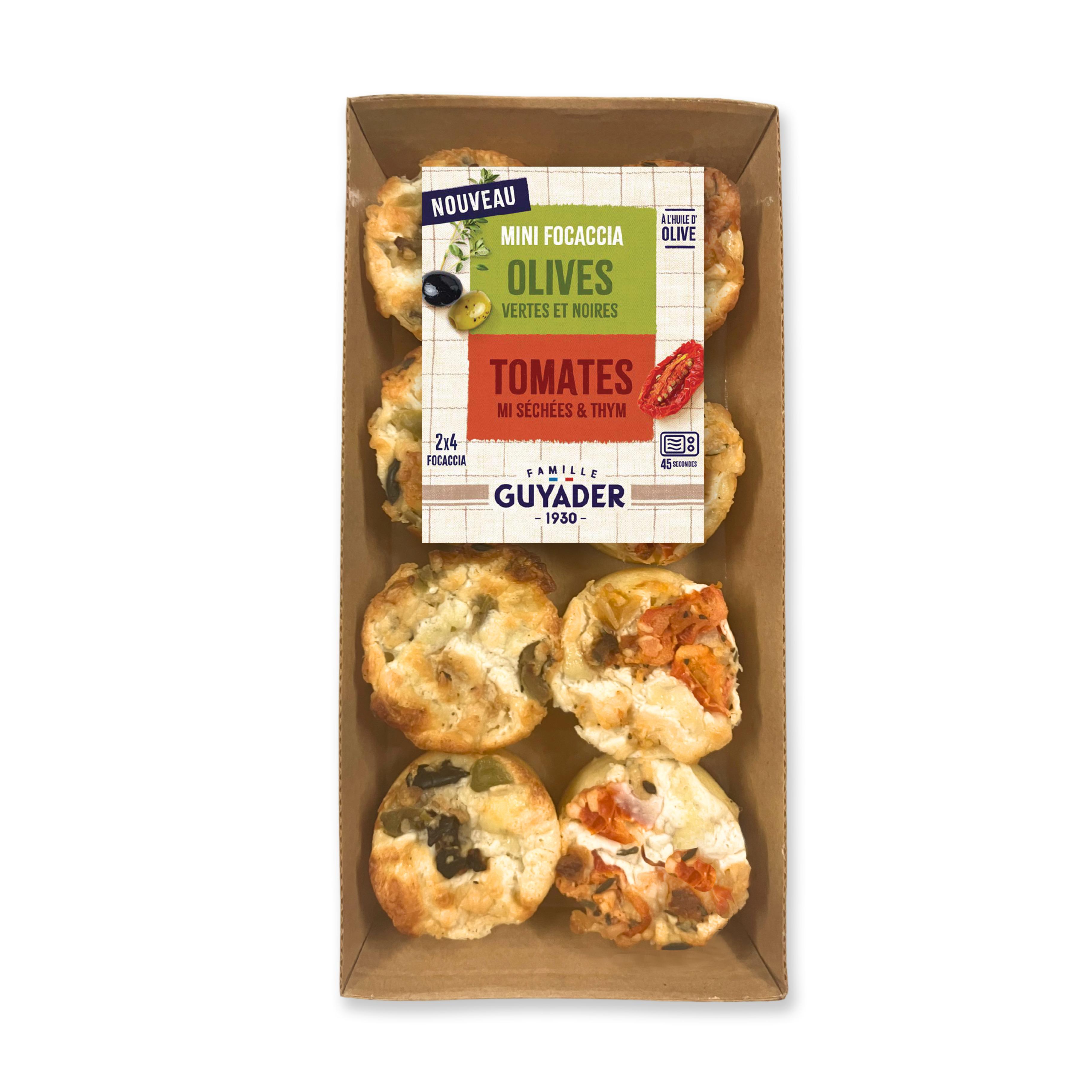 GUYADER Mini focaccia olives vertes et noires et tomates mi séchées et tym 8x12.5g
