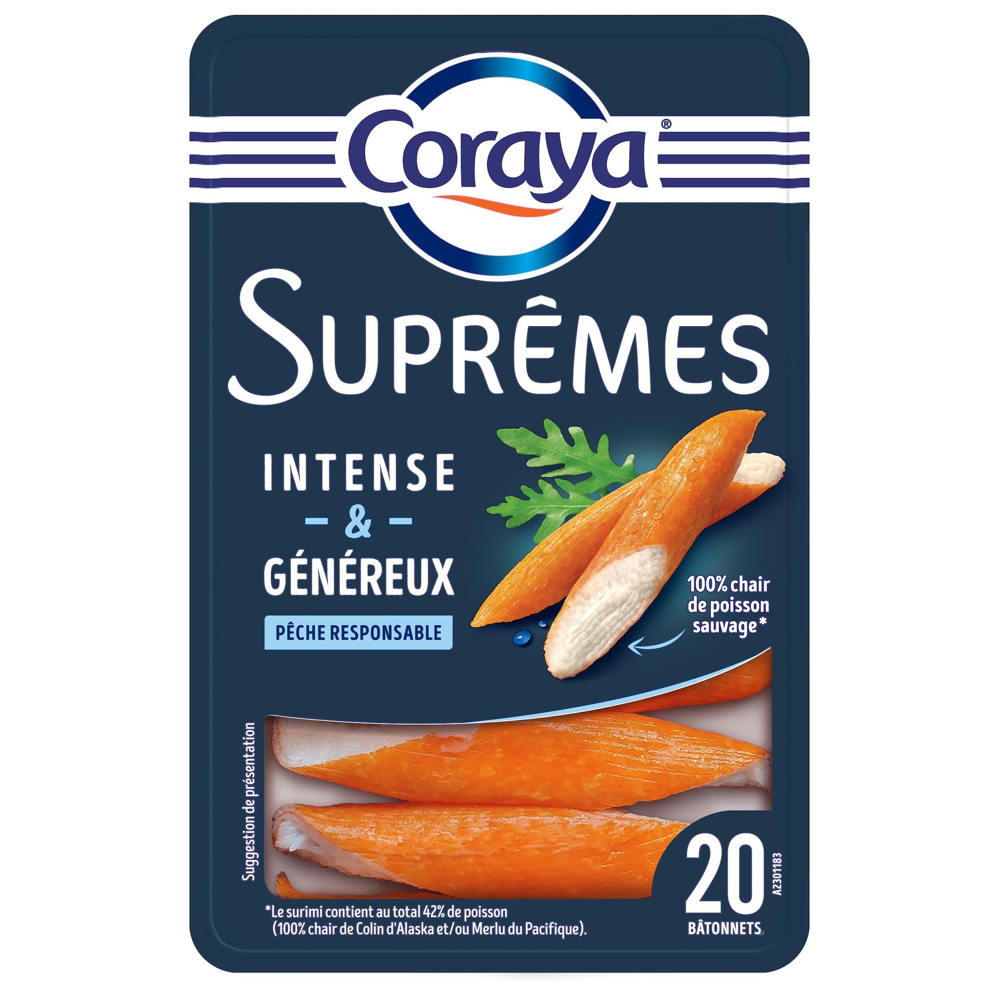 CORAYA Bâtonnets suprême de surimi au crabe 20 pièces 312g