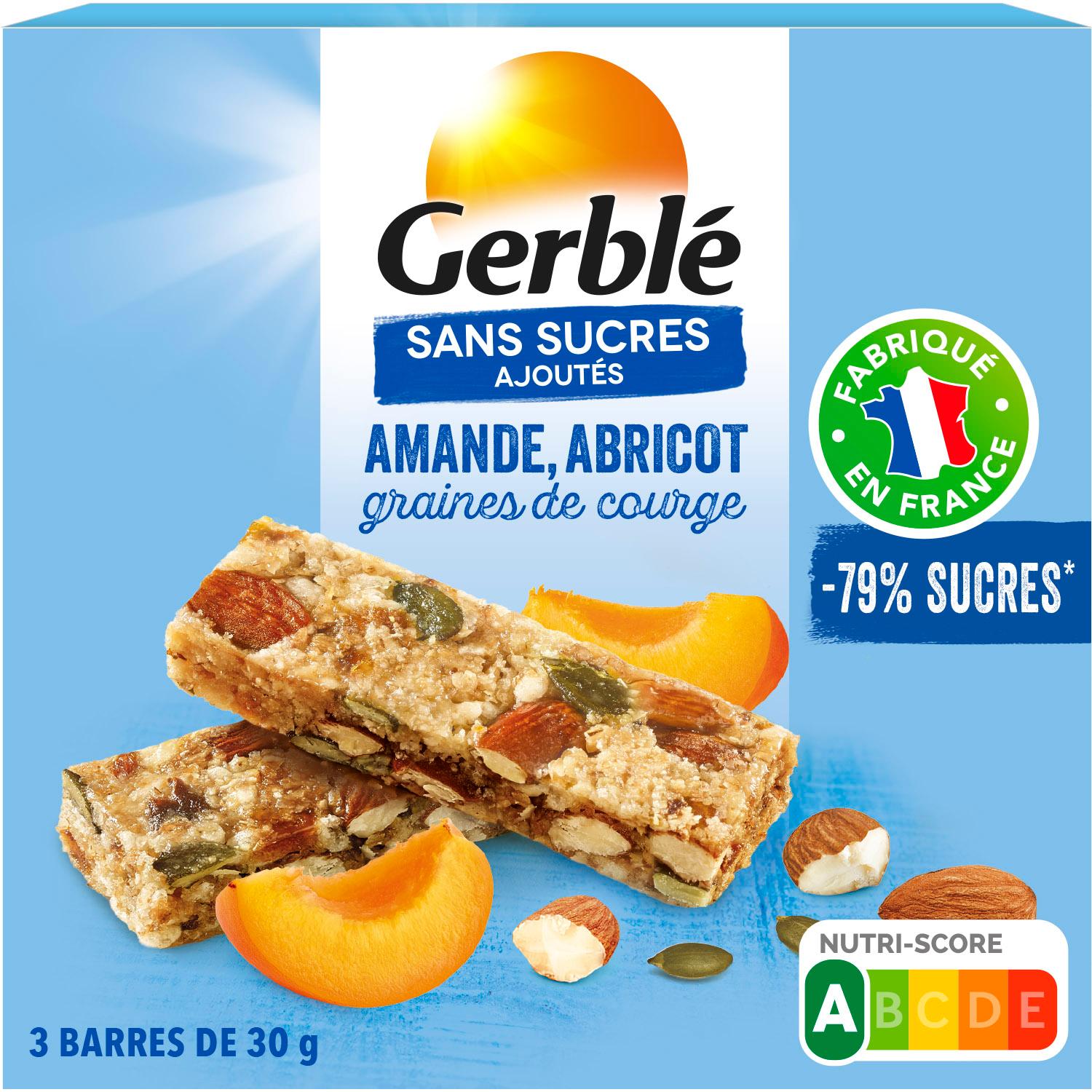 GERBLE Barres de céréales aux amandes abricots et graines de courge sans sucres ajoutés 3 barres 90g