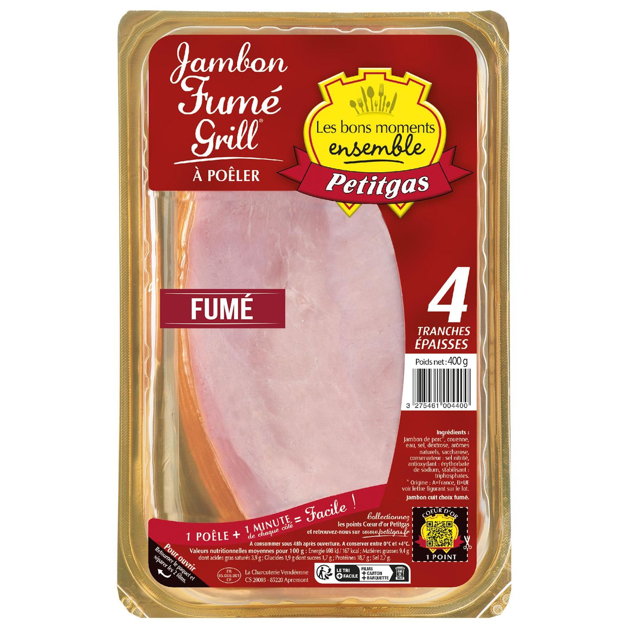 PETITGAS Jambon fumé grill à poêler tranches épaisses 4 tranches 400g