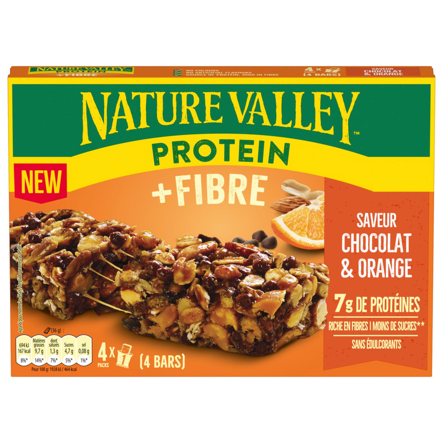 NATURE VALLEY Barres de céréales protéinée avec fibre saveur chocolat et orange 4 barres 4x36g