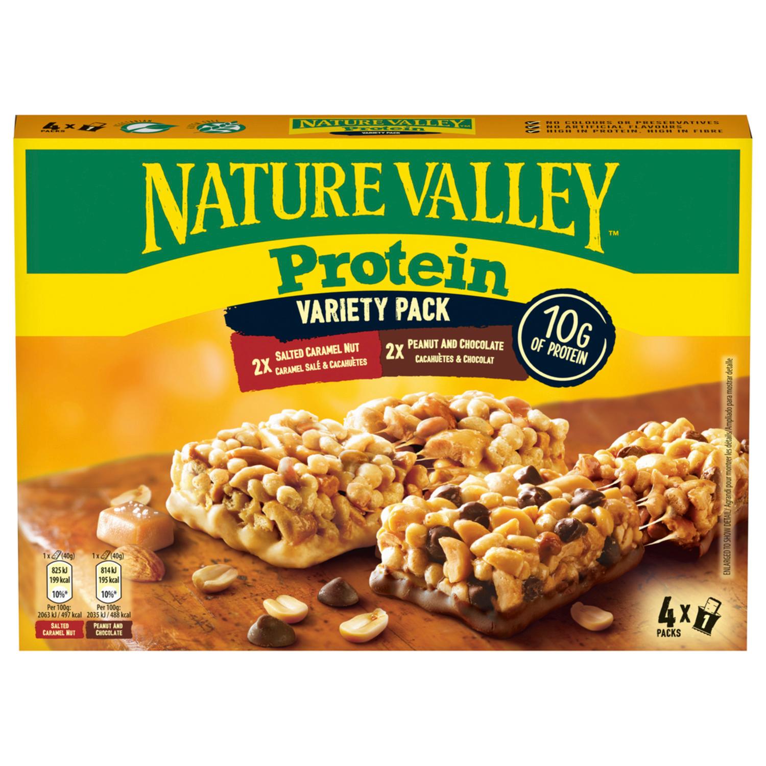 NATURE VALLEY Barres de céréales protéinée au caramel salé cacahuètes et cacahuètes et chocolat 4 barres 4x40g