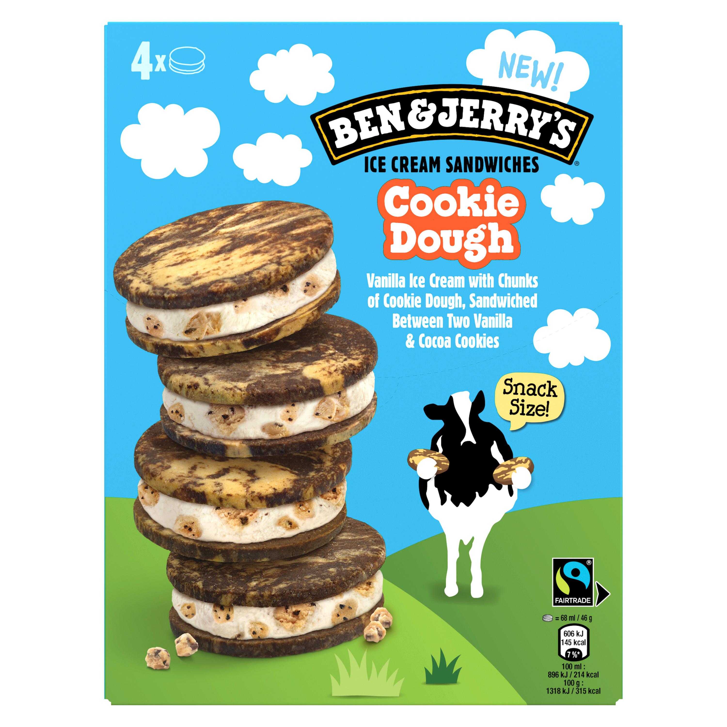 BEN & JERRY'S Glace sandwich vanille avec morceaux de pâte à cookie entre biscuits marbrés au cacao 4 pièces 4x68ml
