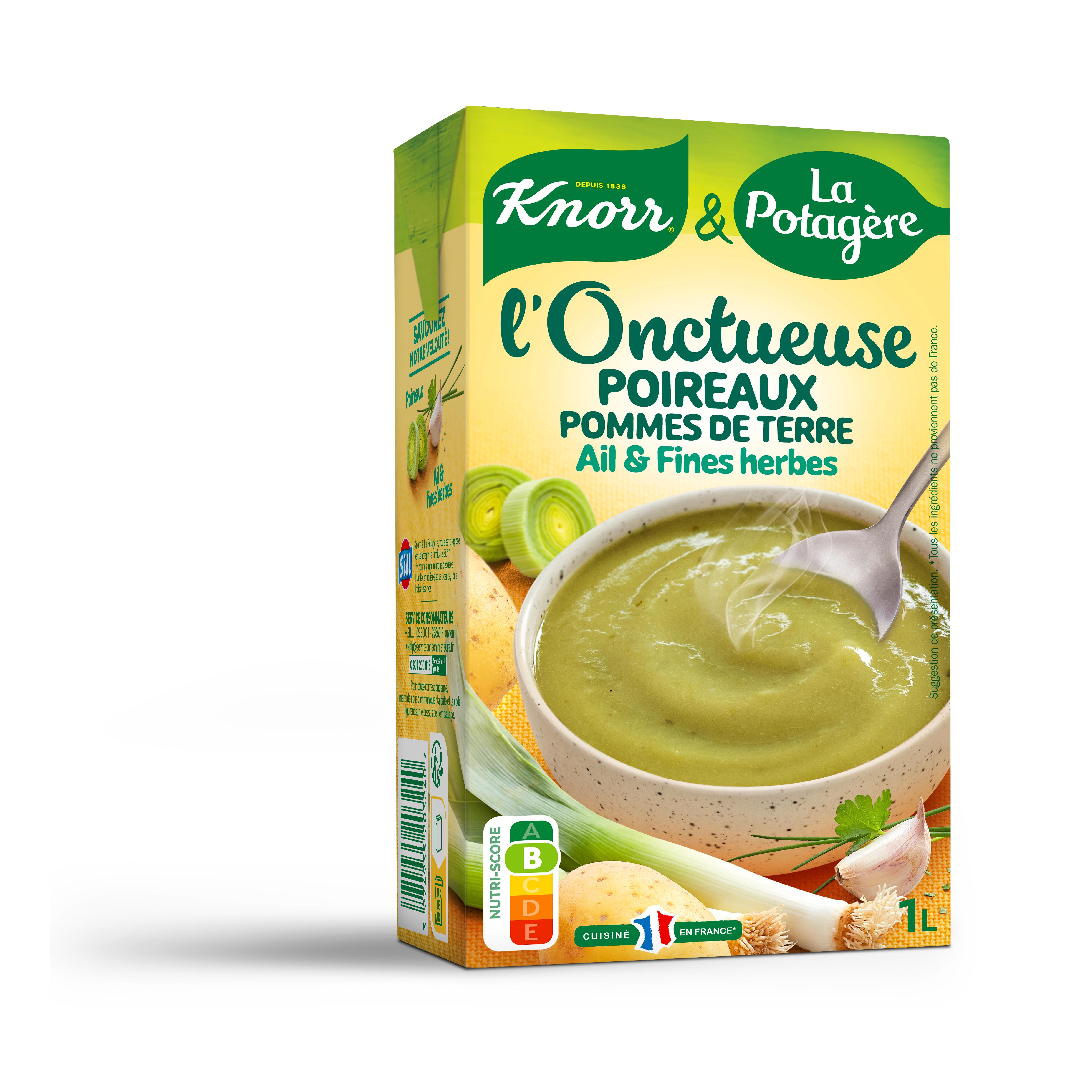 KNORR & LA POTAGERE Soupe liquide l'Onctueuse aux poireaux pommes de terre et ail fines herbes 4 portions 1l