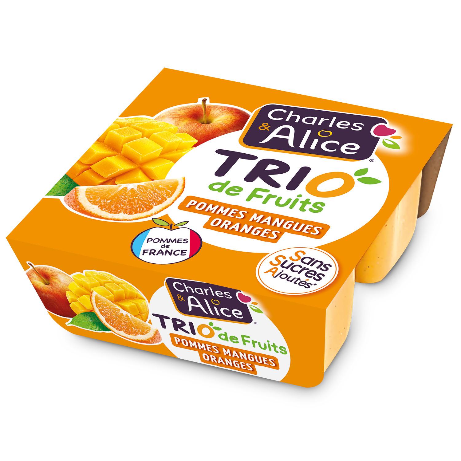 CHARLES & ALICE Trio de fruits pommes mangues oranges sans sucres ajoutés 4x100g