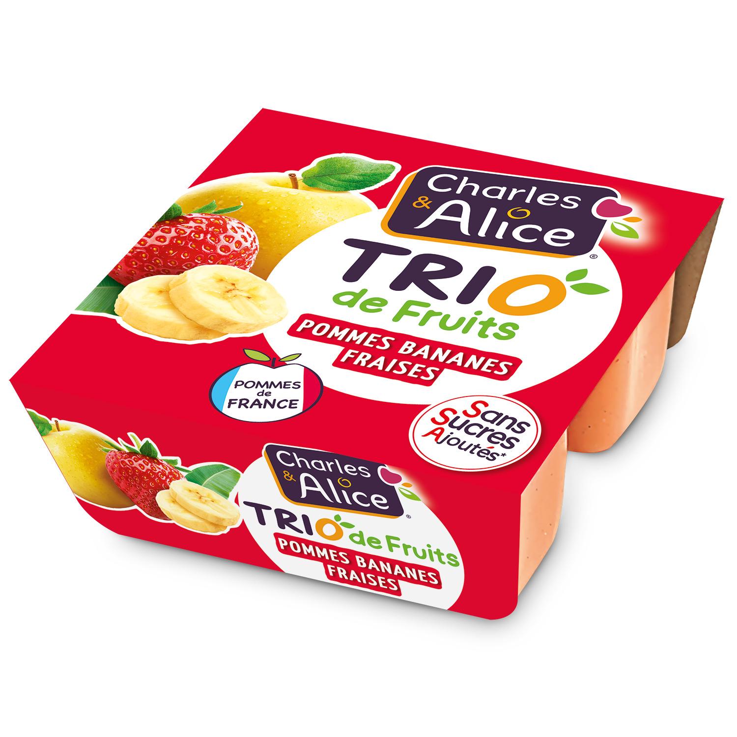 CHARLES & ALICE Trio de fruits pommes bananes fraises sans sucres ajoutés 4x100g