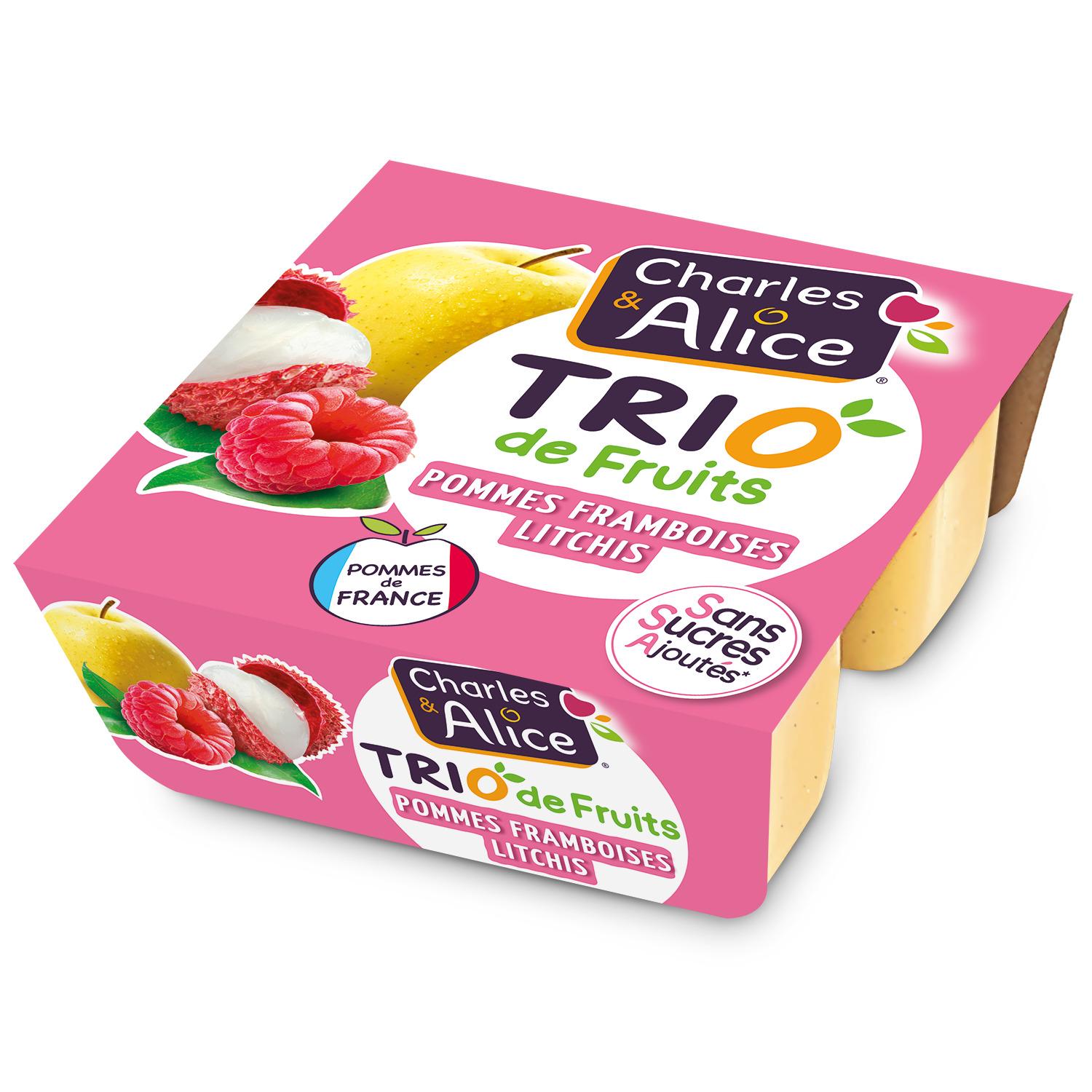 CHARLES & ALICE Trio de fruits pommes framboises litchi sans sucres ajoutés 4x100g